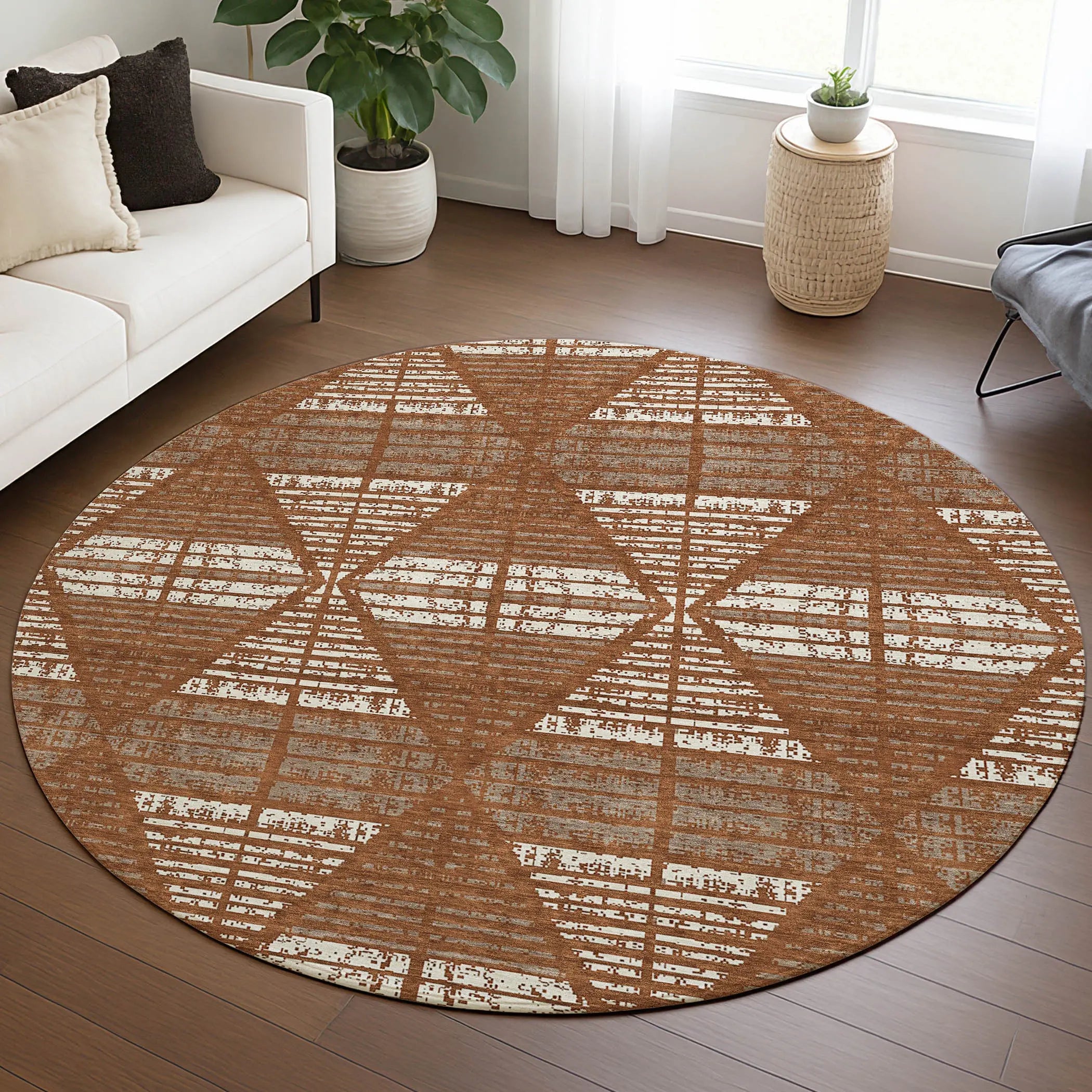 8' Orange And Beige Round Geometric Washable Indoor Outdoor Area Rug Homeroots Outdoor
