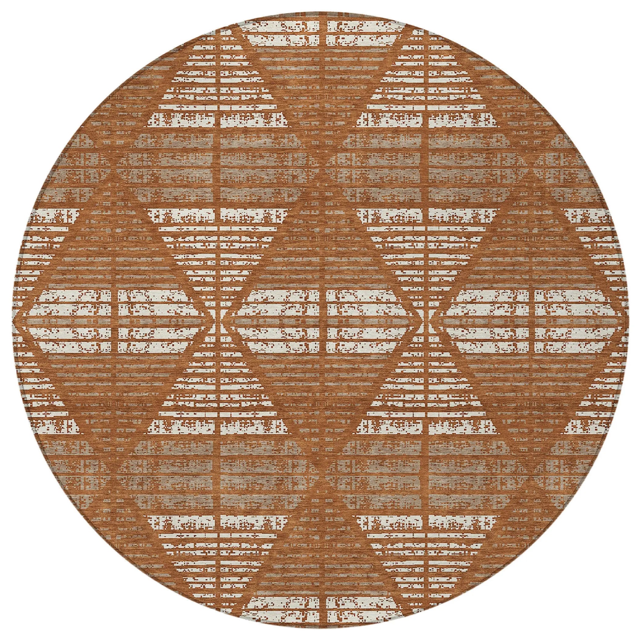 8' Orange And Beige Round Geometric Washable Indoor Outdoor Area Rug Homeroots Outdoor
