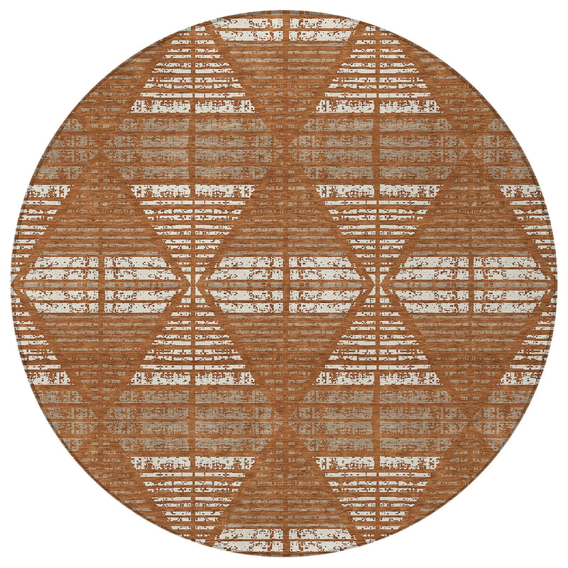 8' Orange And Beige Round Geometric Washable Indoor Outdoor Area Rug Homeroots Outdoor