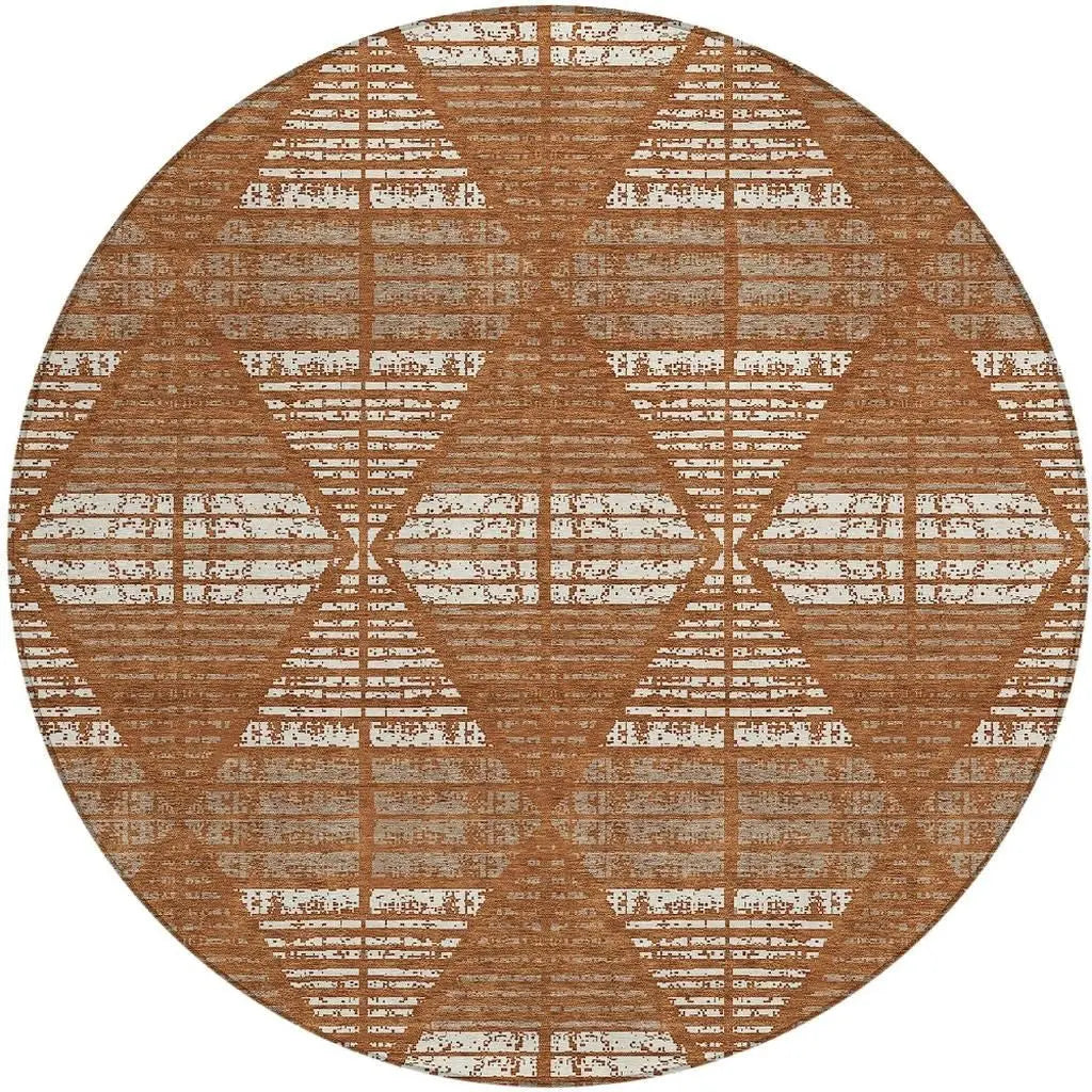 8' Orange And Beige Round Geometric Washable Indoor Outdoor Area Rug Homeroots Outdoor