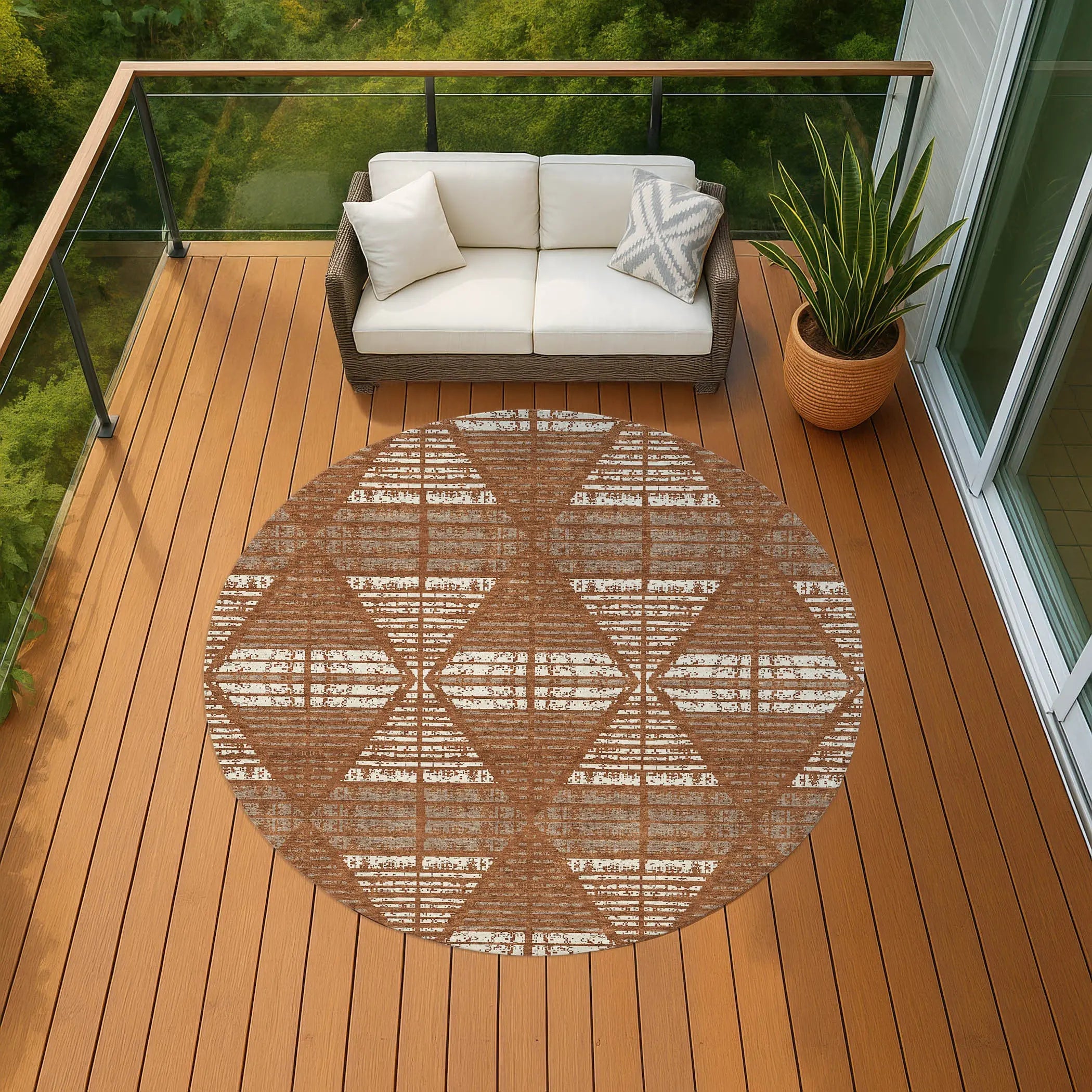 8' Orange And Beige Round Geometric Washable Indoor Outdoor Area Rug Homeroots Outdoor