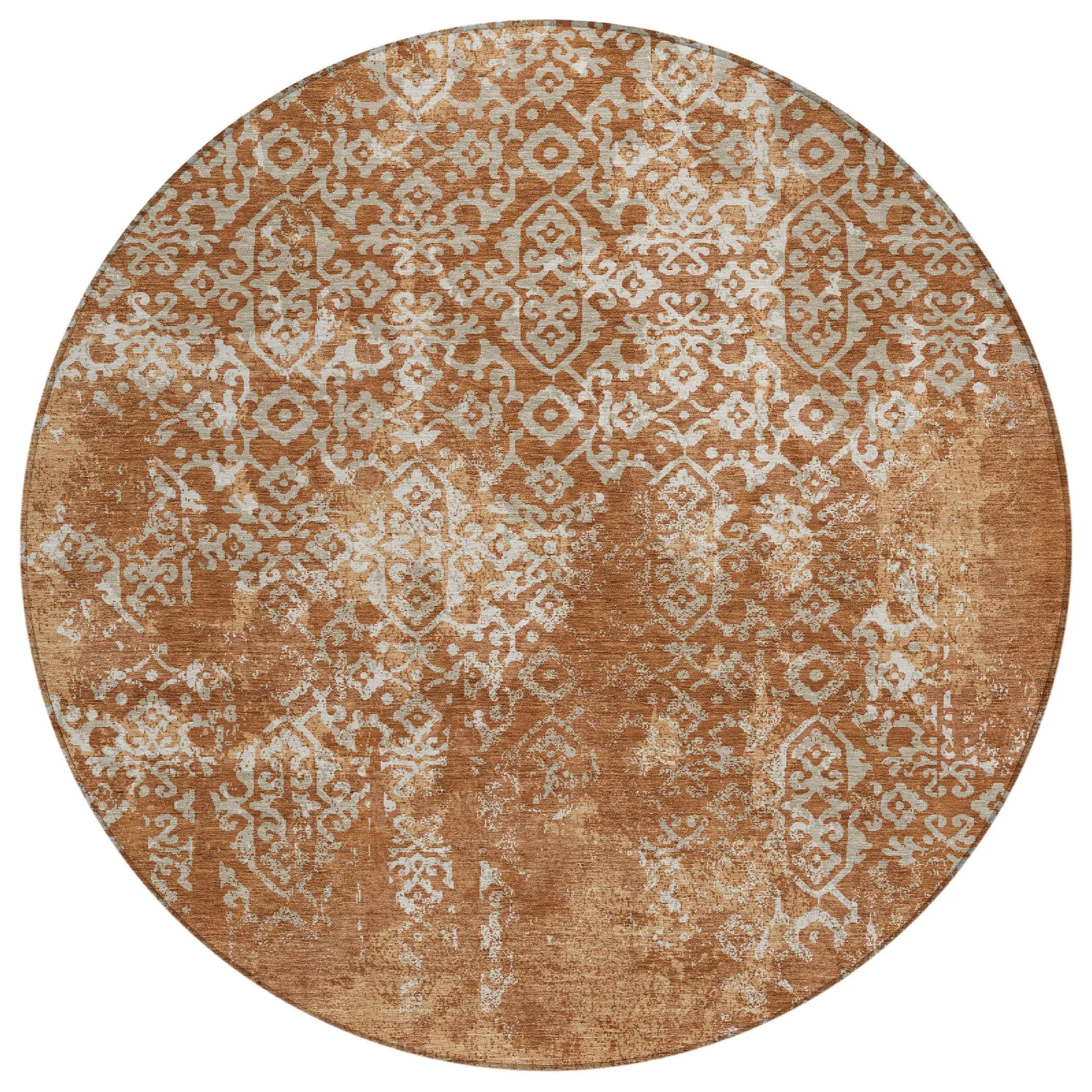 8' Orange And Beige Round Oriental Washable Indoor Outdoor Area Rug Homeroots Outdoor