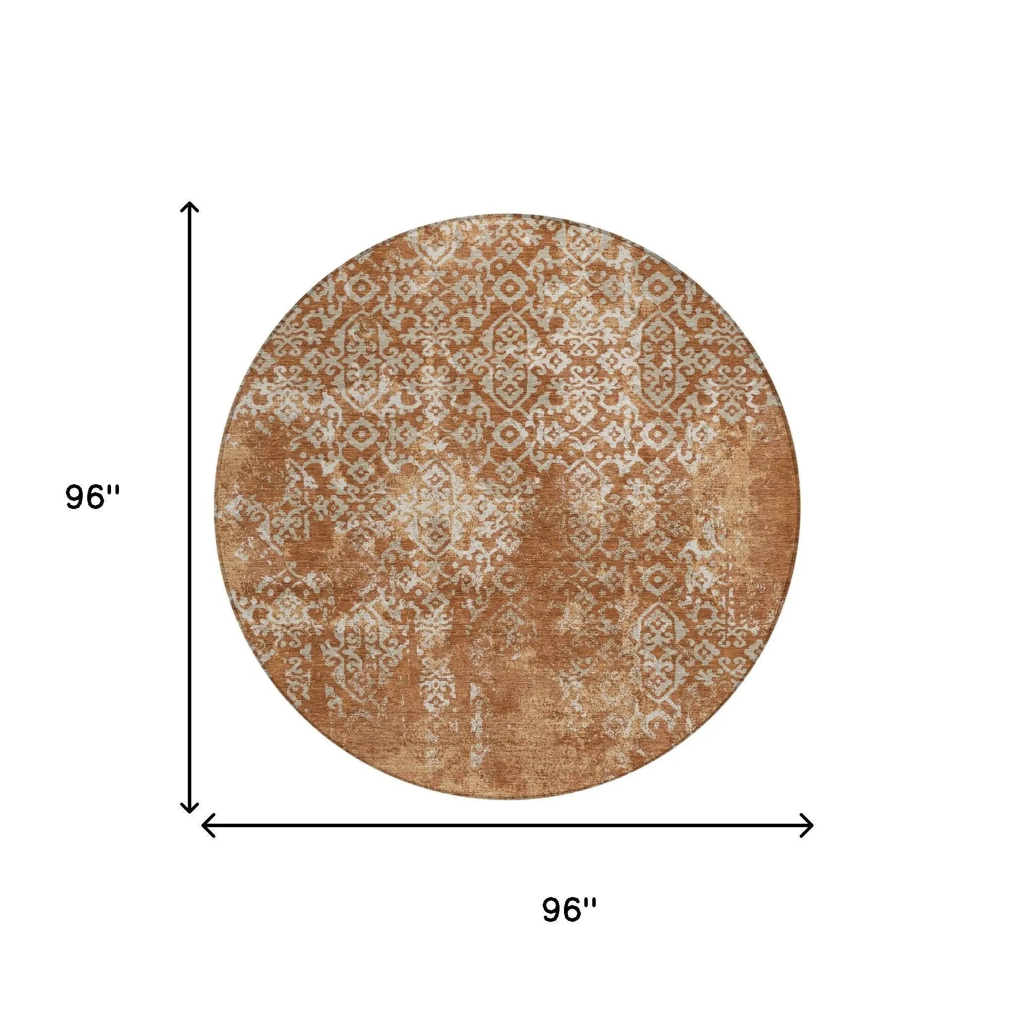 8' Orange And Beige Round Oriental Washable Indoor Outdoor Area Rug Homeroots Outdoor