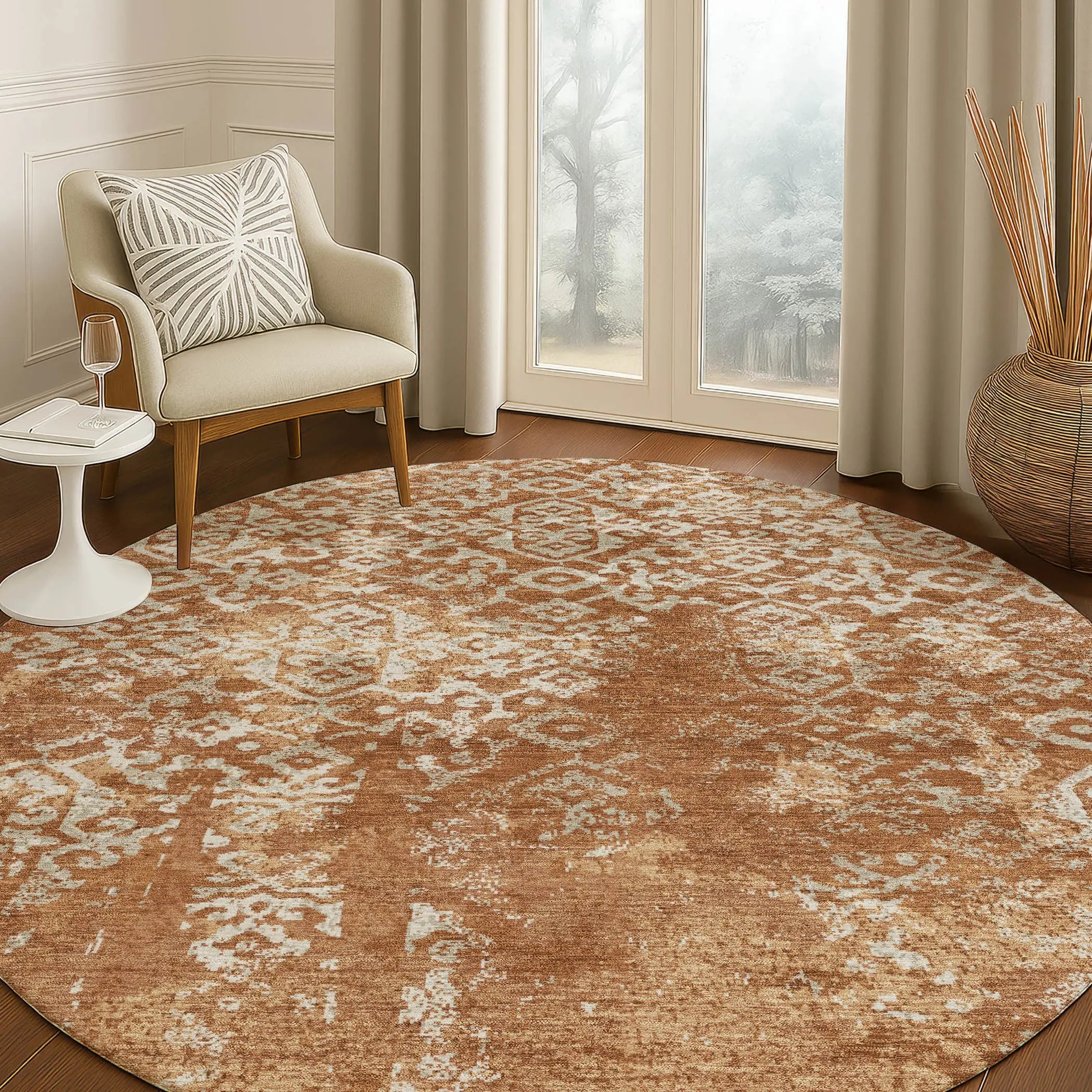 8' Orange And Beige Round Oriental Washable Indoor Outdoor Area Rug Homeroots Outdoor