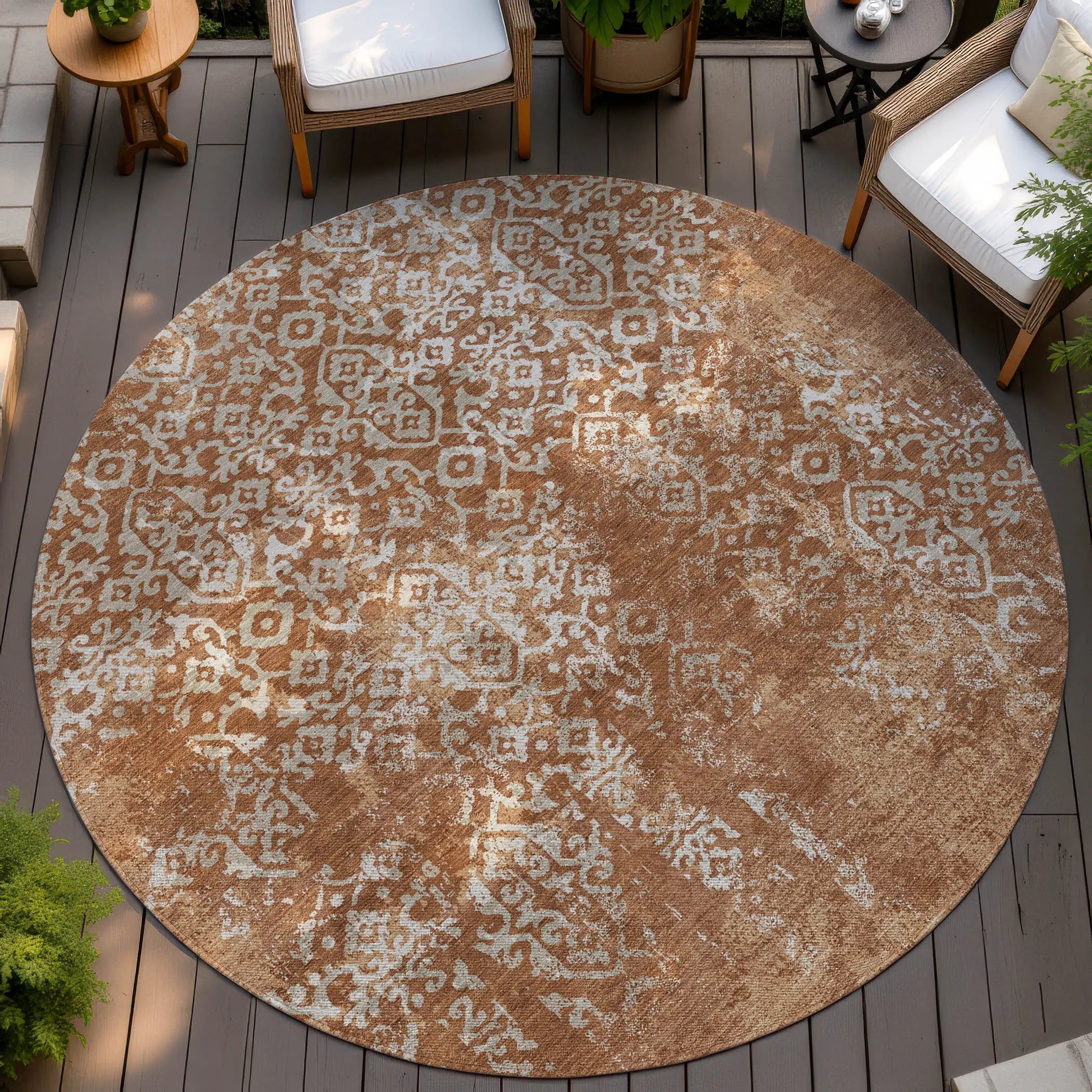 8' Orange And Beige Round Oriental Washable Indoor Outdoor Area Rug Homeroots Outdoor