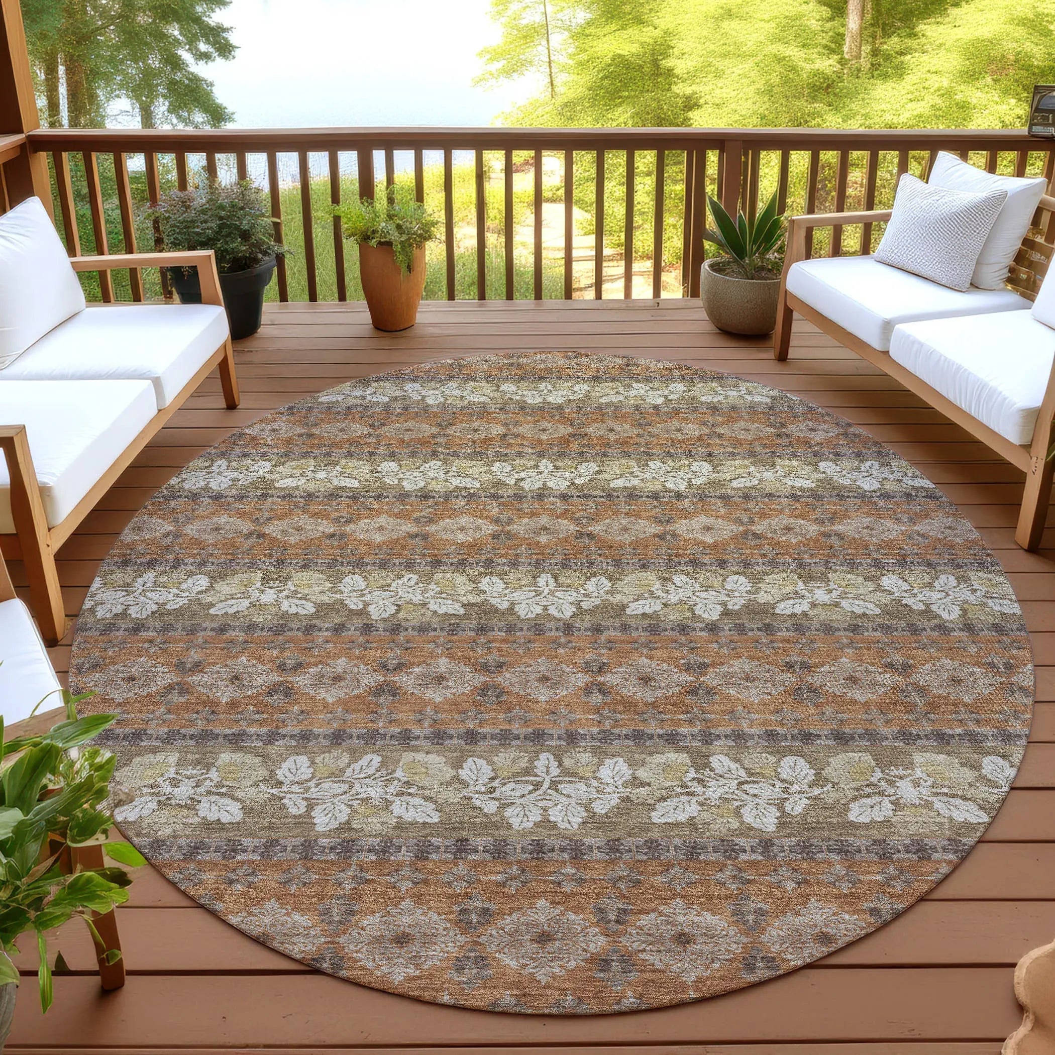 8' Orange And Beige Round Striped Washable Indoor Outdoor Area Rug Homeroots Outdoor