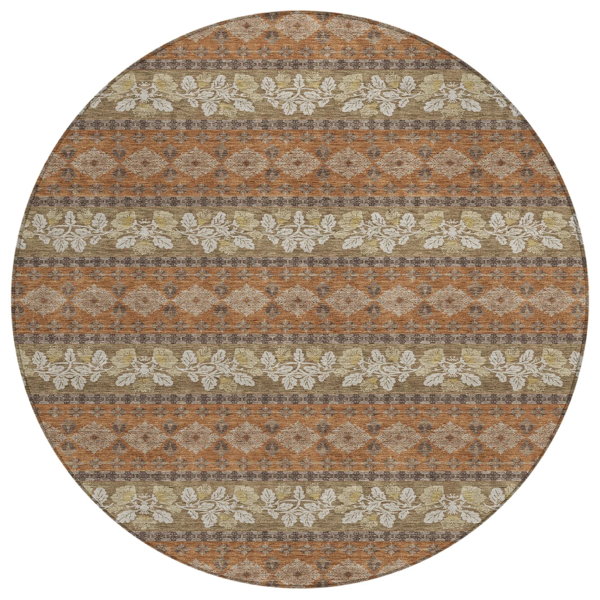 8' Orange And Beige Round Striped Washable Indoor Outdoor Area Rug Homeroots Outdoor