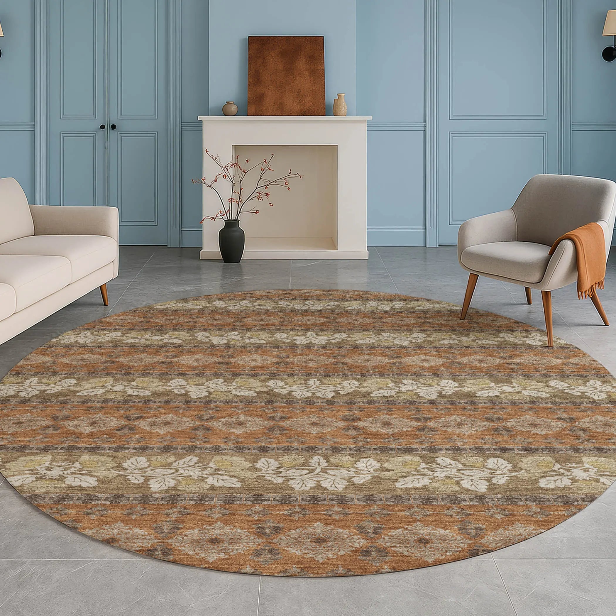 8' Orange And Beige Round Striped Washable Indoor Outdoor Area Rug Homeroots Outdoor