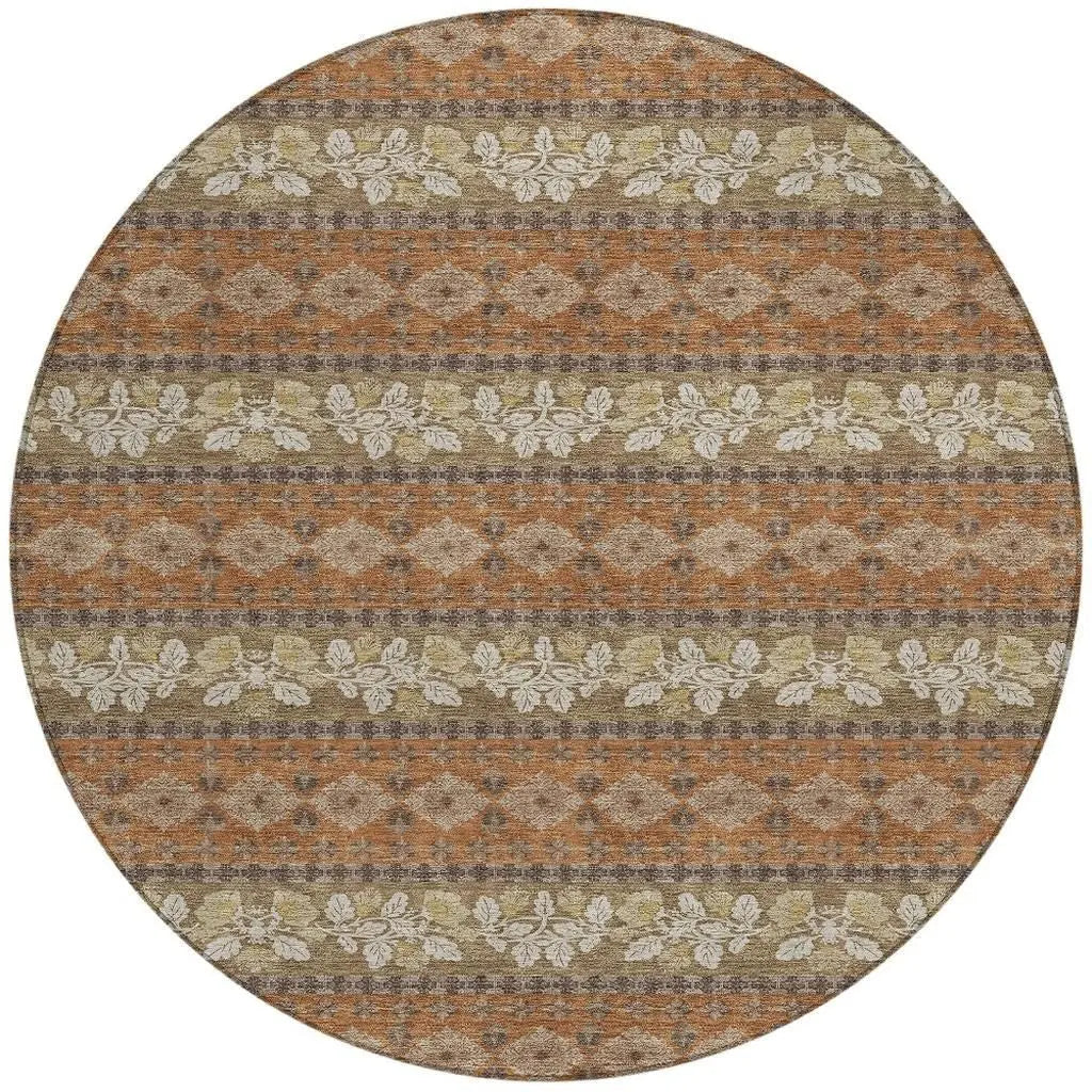 8' Orange And Beige Round Striped Washable Indoor Outdoor Area Rug Homeroots Outdoor