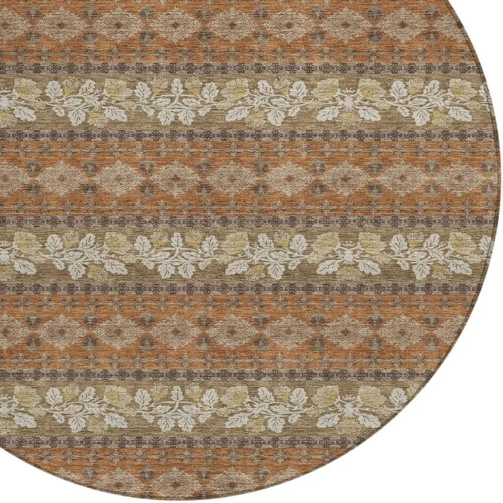 8' Orange And Beige Round Striped Washable Indoor Outdoor Area Rug Homeroots Outdoor
