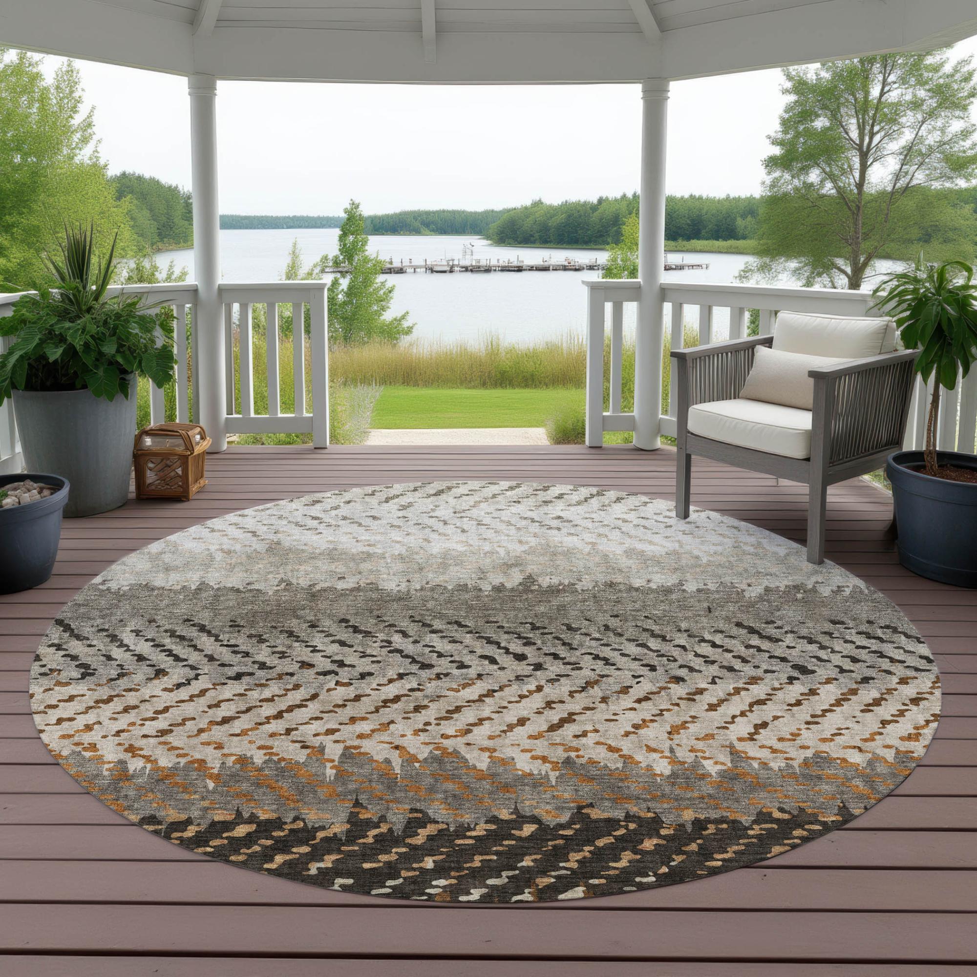 8' Orange And Beige Round Striped Washable Indoor Outdoor Area Rug Homeroots Outdoor