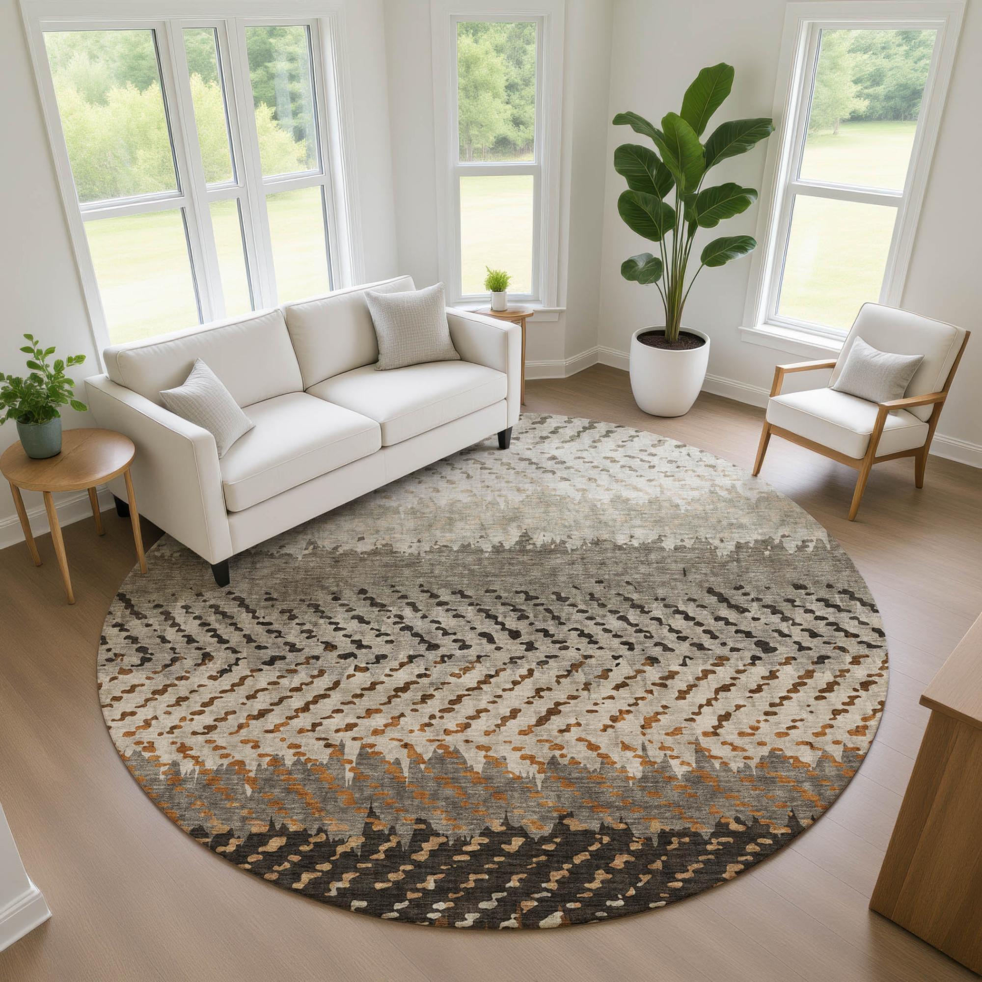 8' Orange And Beige Round Striped Washable Indoor Outdoor Area Rug Homeroots Outdoor