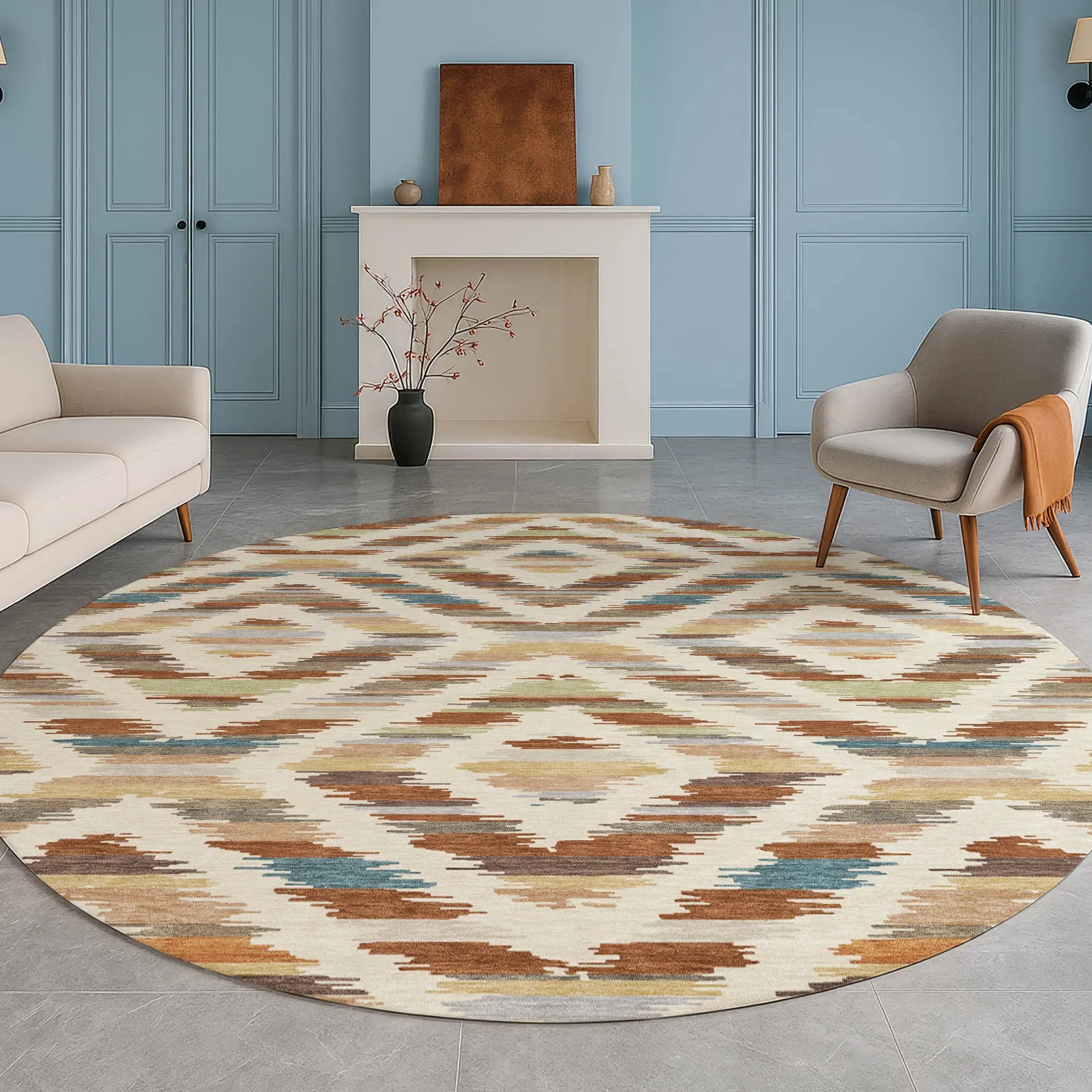 8' Orange And Beige Round Tribal Washable Indoor Outdoor Area Rug Homeroots Outdoor
