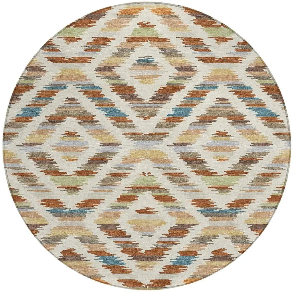 8' Orange And Beige Round Tribal Washable Indoor Outdoor Area Rug Homeroots Outdoor