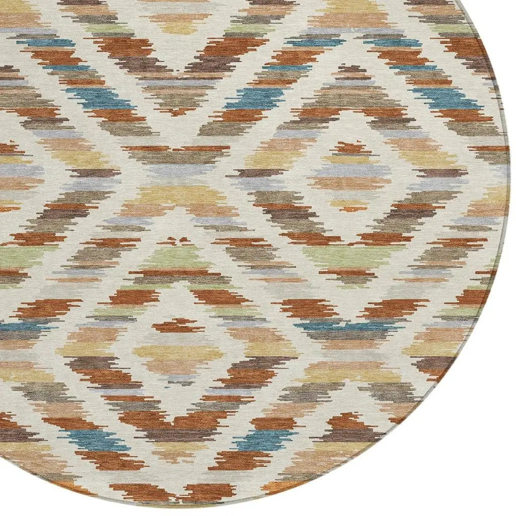 8' Orange And Beige Round Tribal Washable Indoor Outdoor Area Rug Homeroots Outdoor