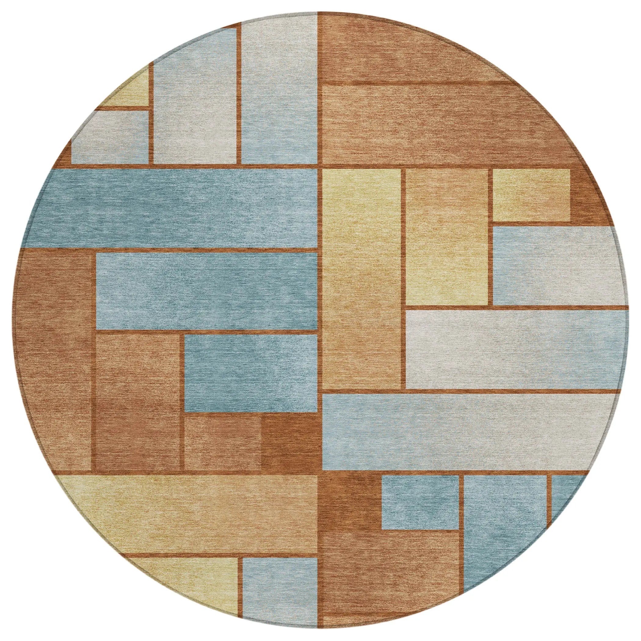 8' Orange And Blue Round Geometric Washable Indoor Outdoor Area Rug Homeroots Outdoor