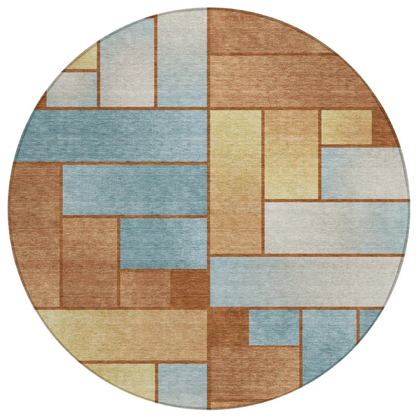 8' Orange And Blue Round Geometric Washable Indoor Outdoor Area Rug Homeroots Outdoor