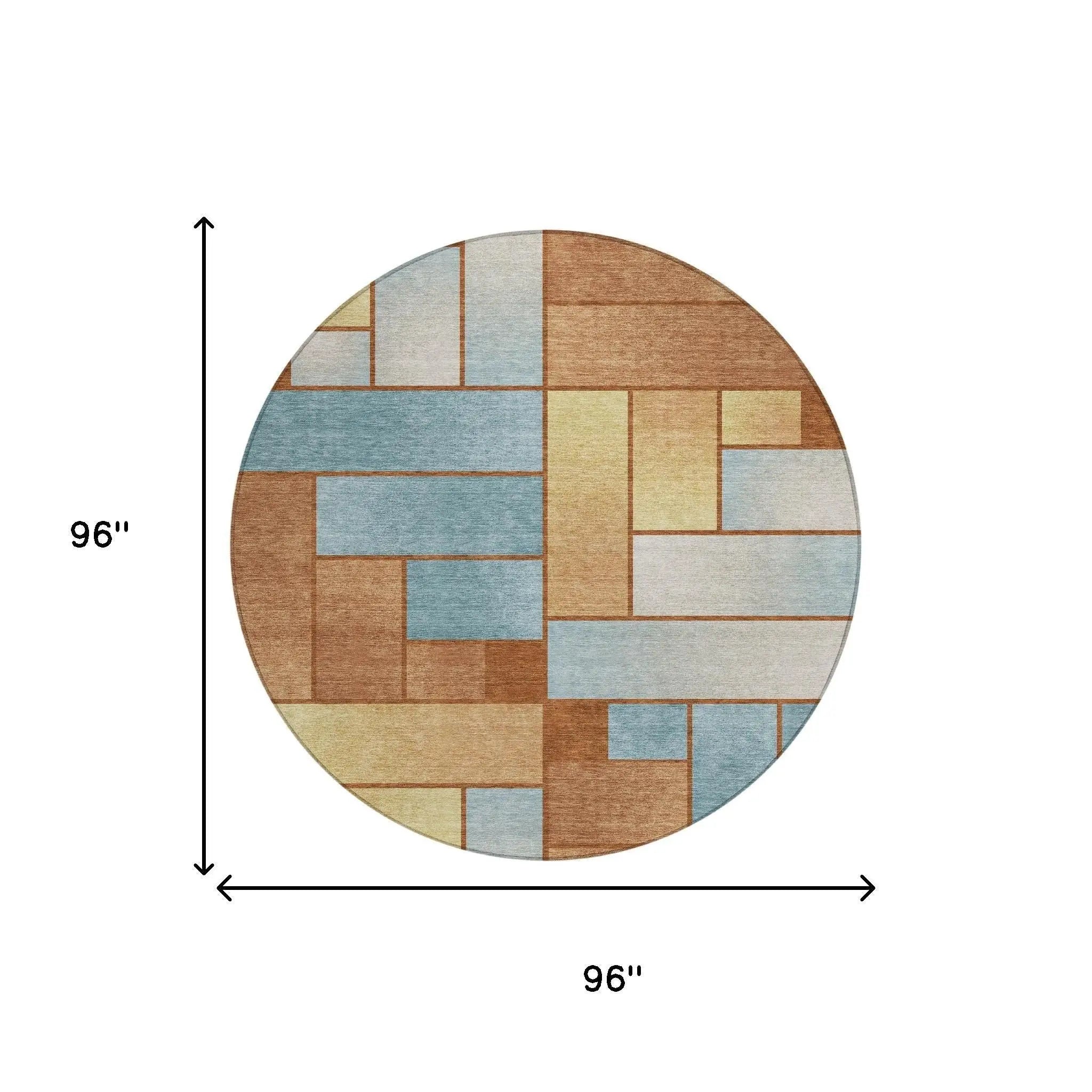 8' Orange And Blue Round Geometric Washable Indoor Outdoor Area Rug Homeroots Outdoor
