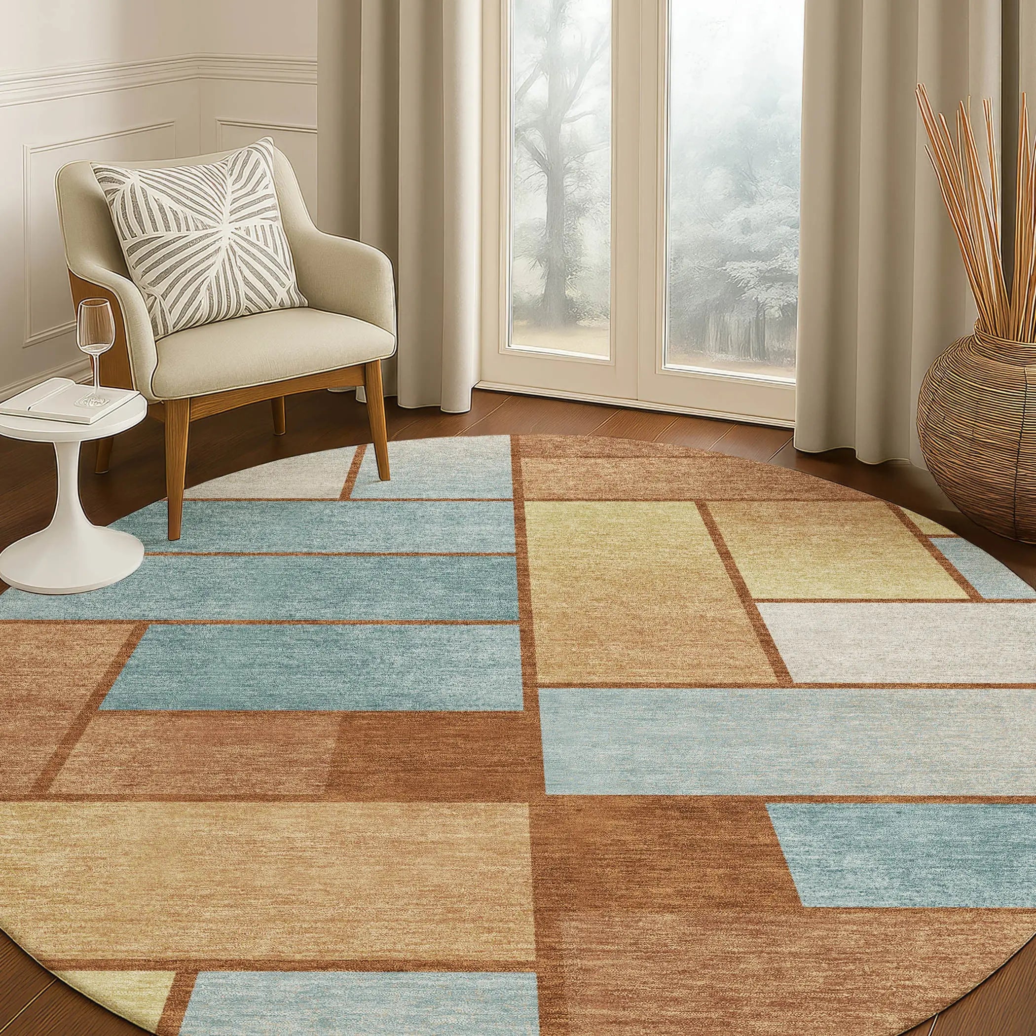 8' Orange And Blue Round Geometric Washable Indoor Outdoor Area Rug Homeroots Outdoor
