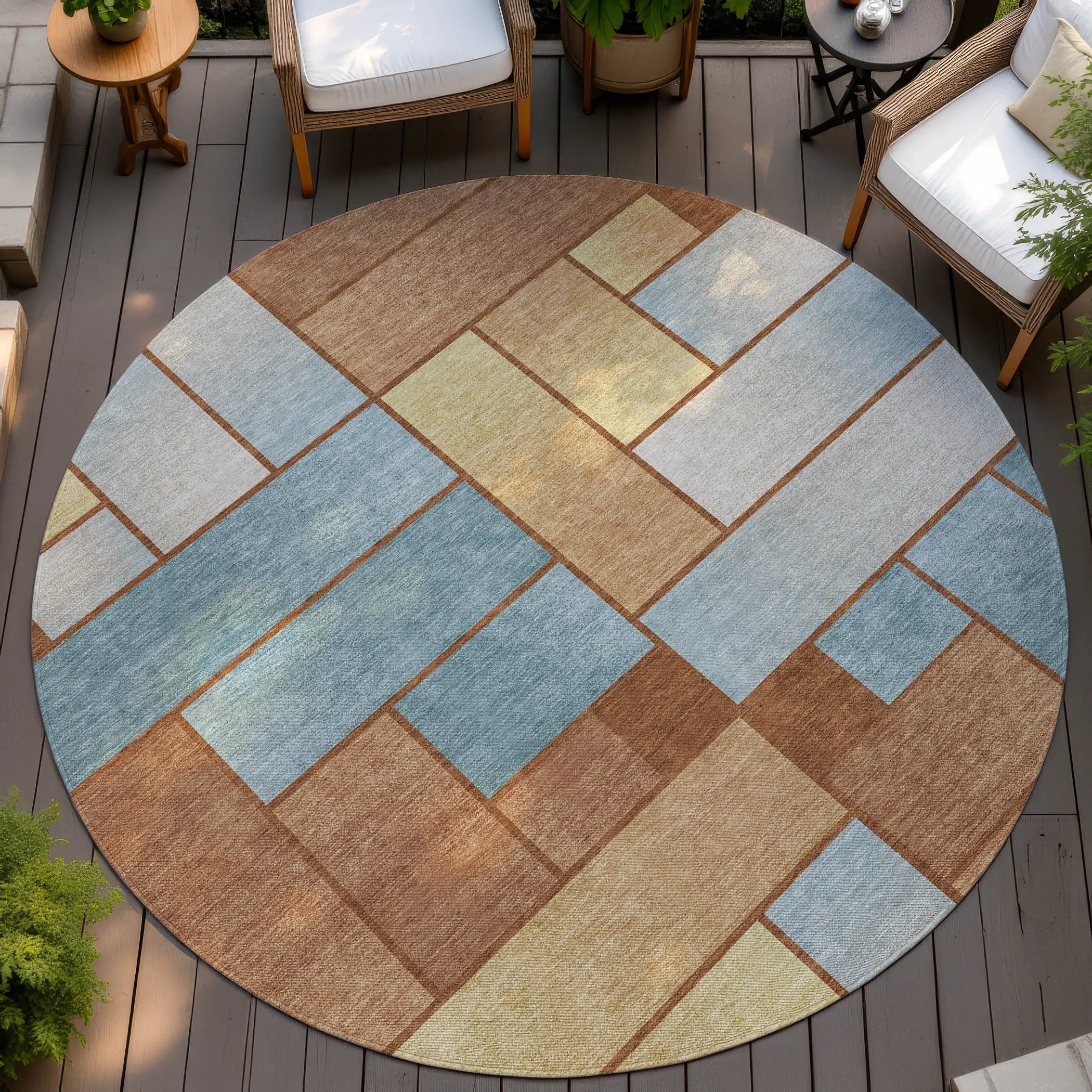 8' Orange And Blue Round Geometric Washable Indoor Outdoor Area Rug Homeroots Outdoor