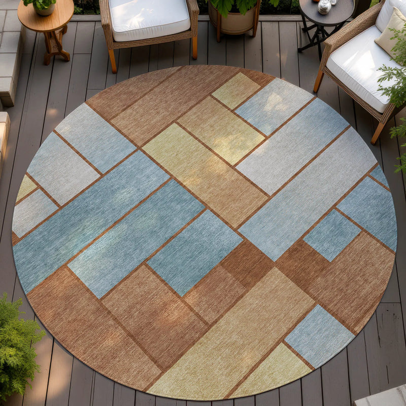 8' Orange And Blue Round Geometric Washable Indoor Outdoor Area Rug Homeroots Outdoor