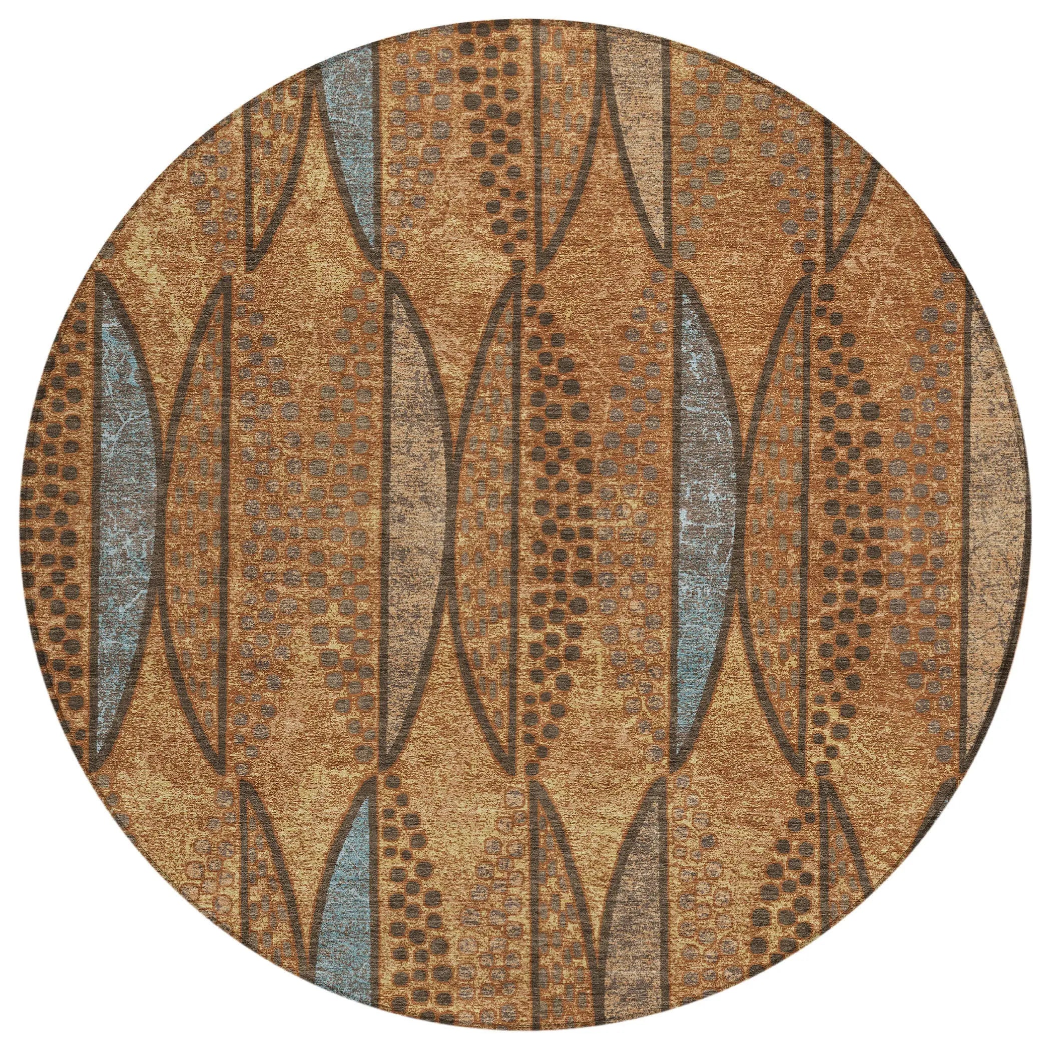8' Orange And Blue Round Geometric Washable Indoor Outdoor Area Rug Homeroots Outdoor