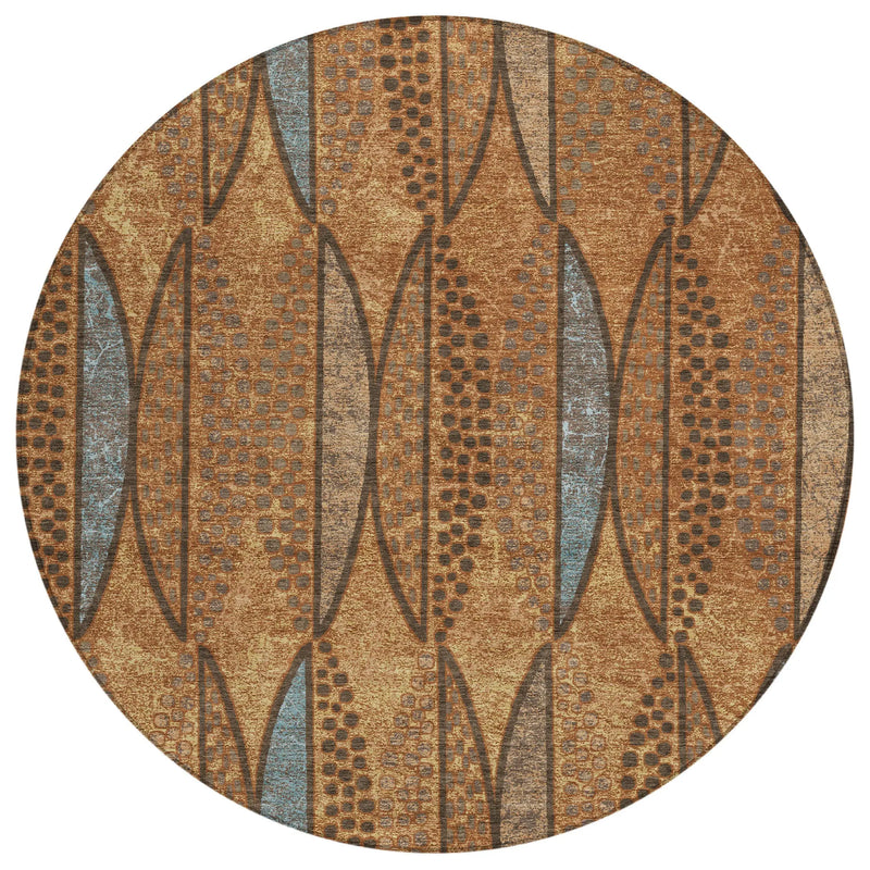 8' Orange And Blue Round Geometric Washable Indoor Outdoor Area Rug Homeroots Outdoor