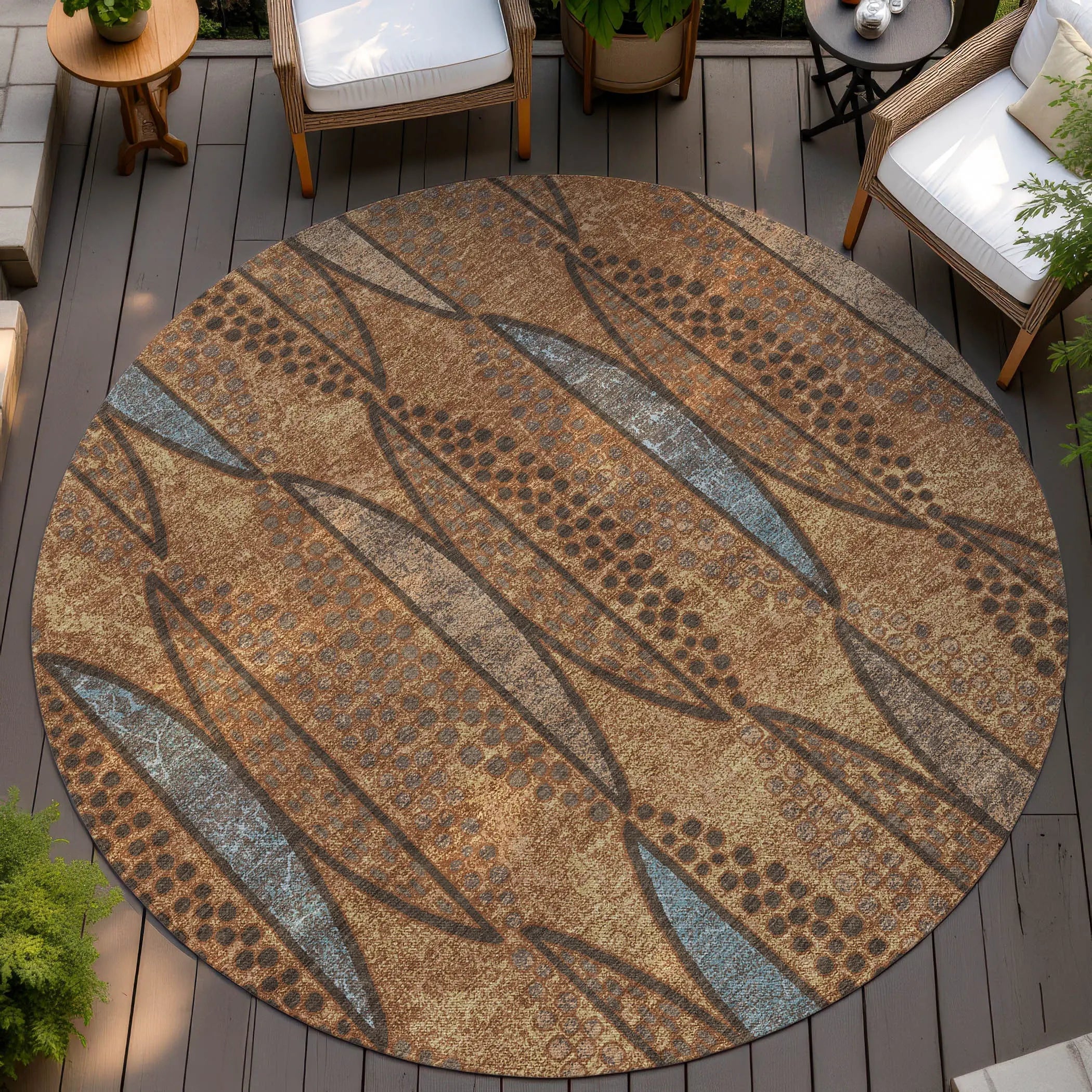 8' Orange And Blue Round Geometric Washable Indoor Outdoor Area Rug Homeroots Outdoor