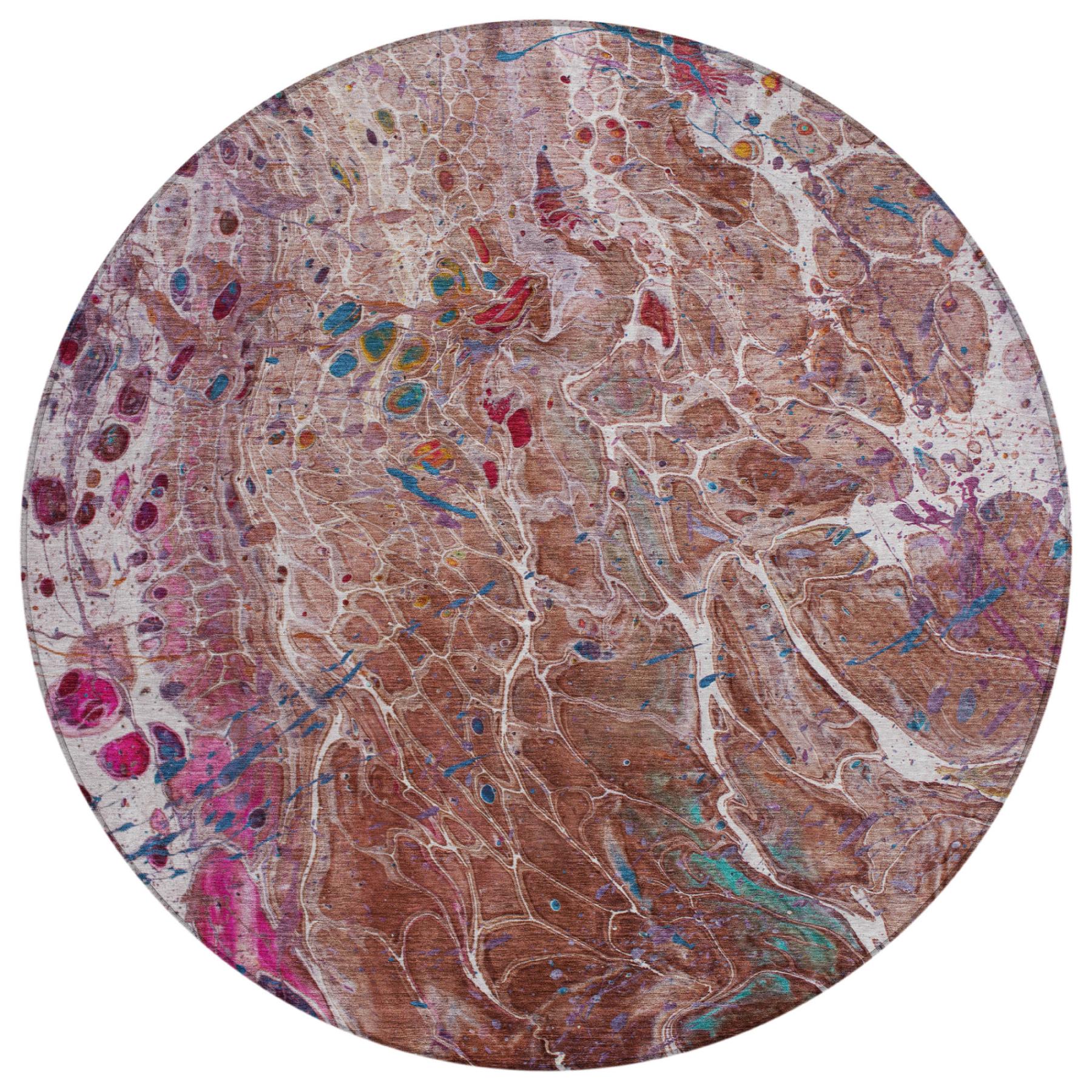 8' Orange And Blush Round Abstract Washable Indoor Outdoor Area Rug Homeroots Outdoor