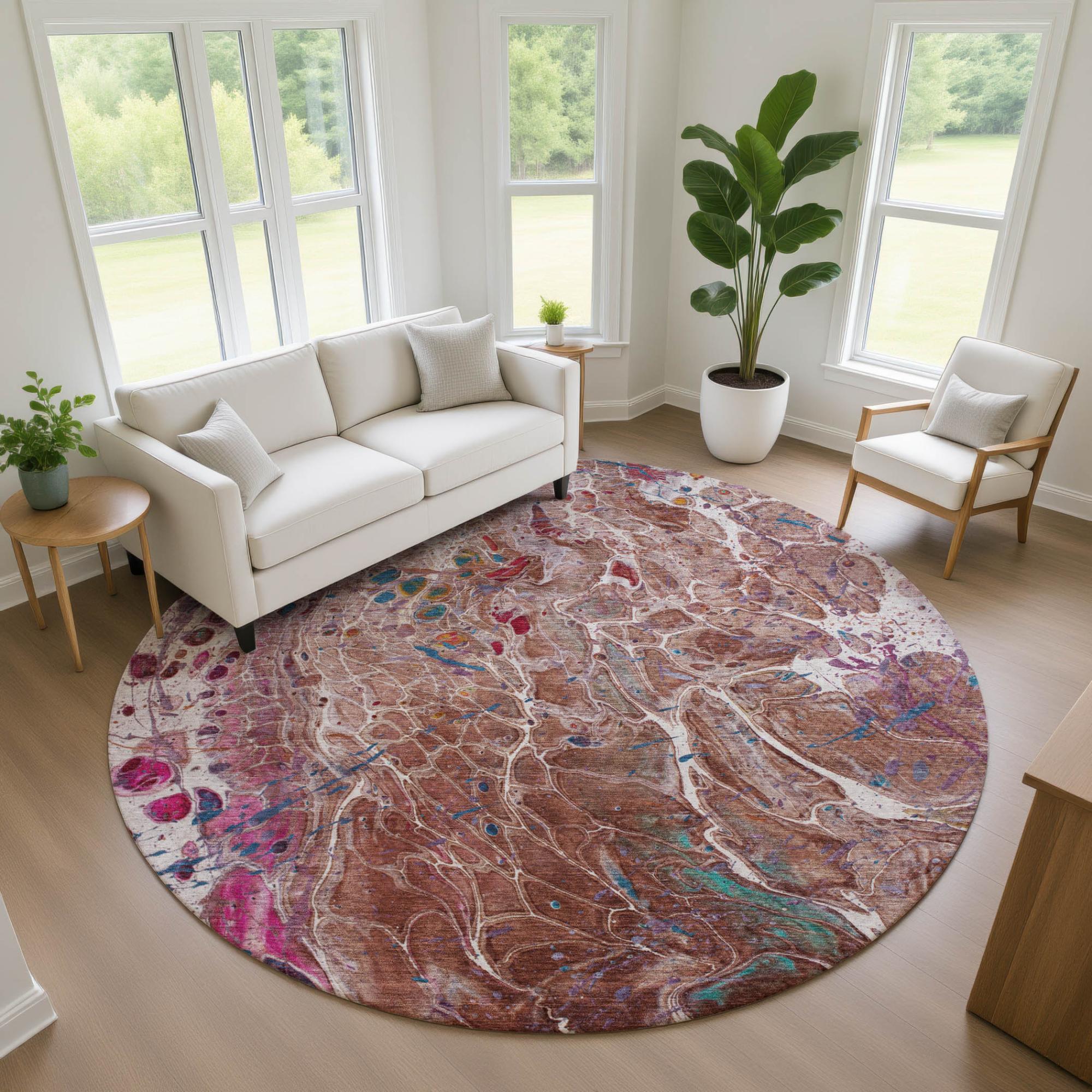 8' Orange And Blush Round Abstract Washable Indoor Outdoor Area Rug Homeroots Outdoor