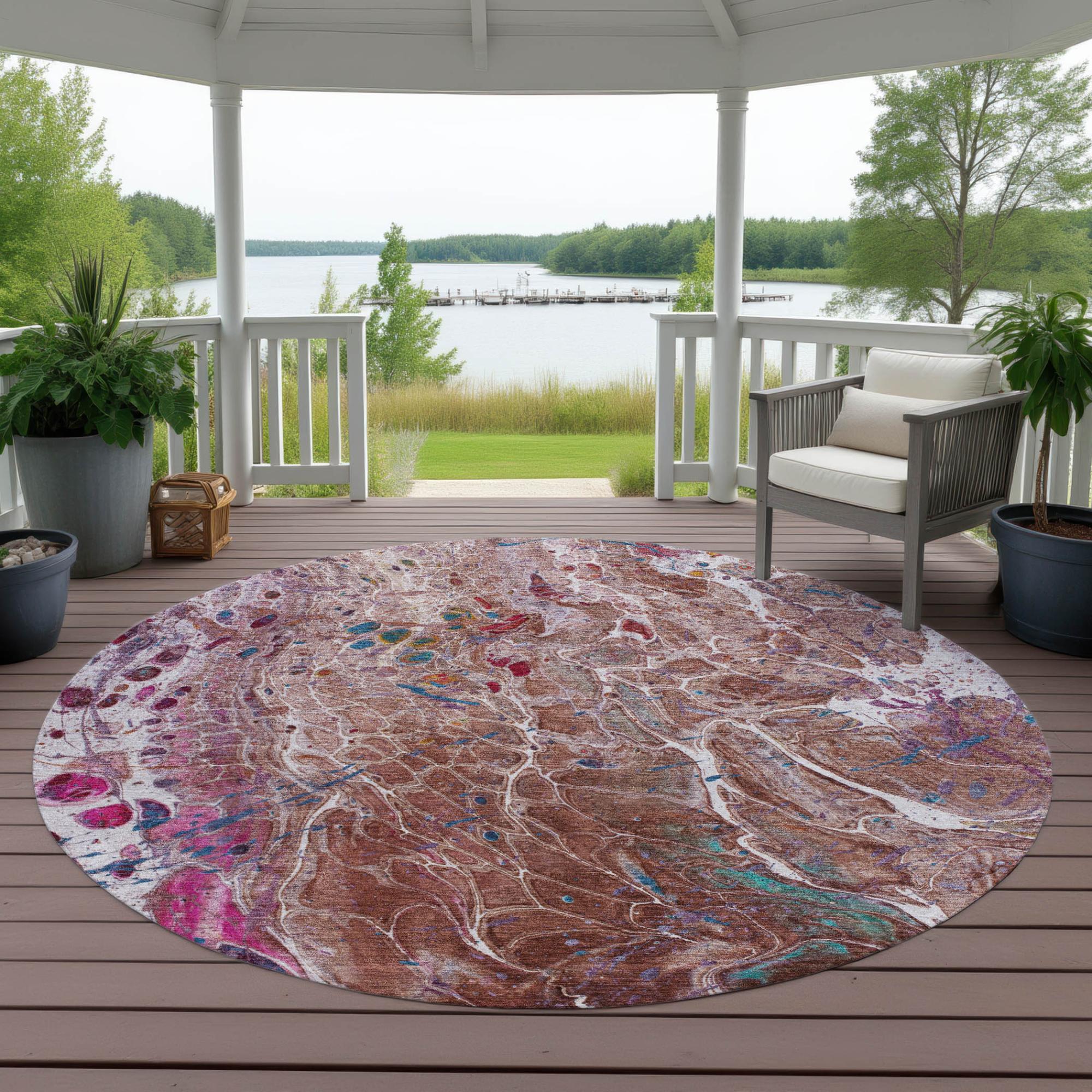 8' Orange And Blush Round Abstract Washable Indoor Outdoor Area Rug Homeroots Outdoor