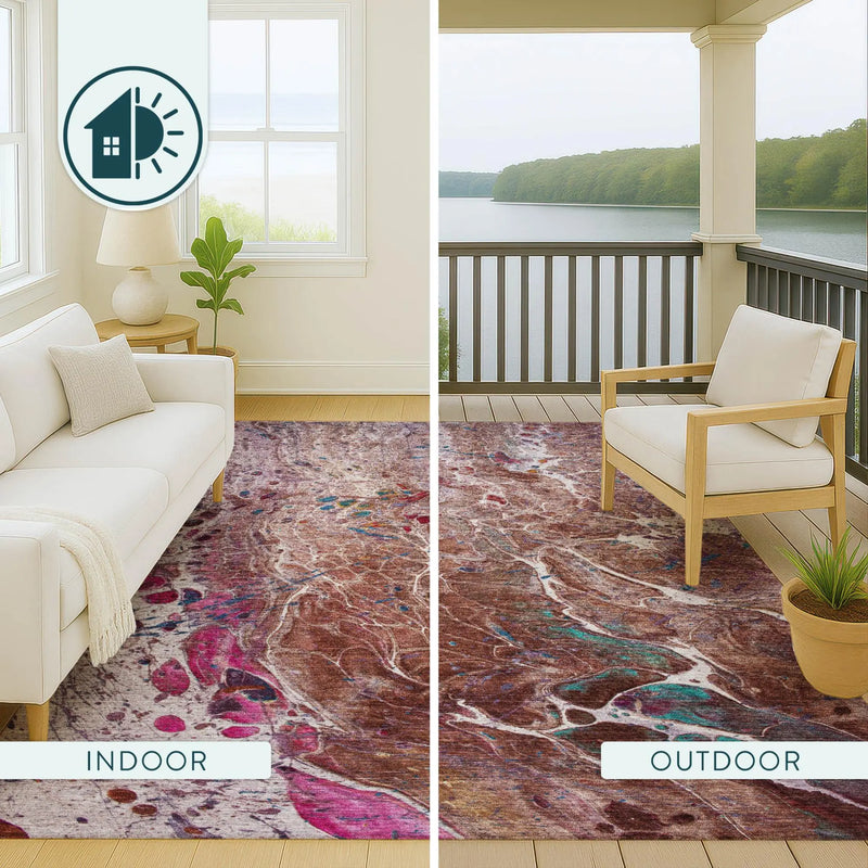 8' Orange And Blush Round Abstract Washable Indoor Outdoor Area Rug Homeroots Outdoor