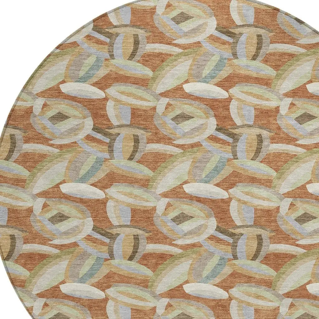8' Orange And Brown Round Abstract Washable Indoor Outdoor Area Rug Homeroots Outdoor