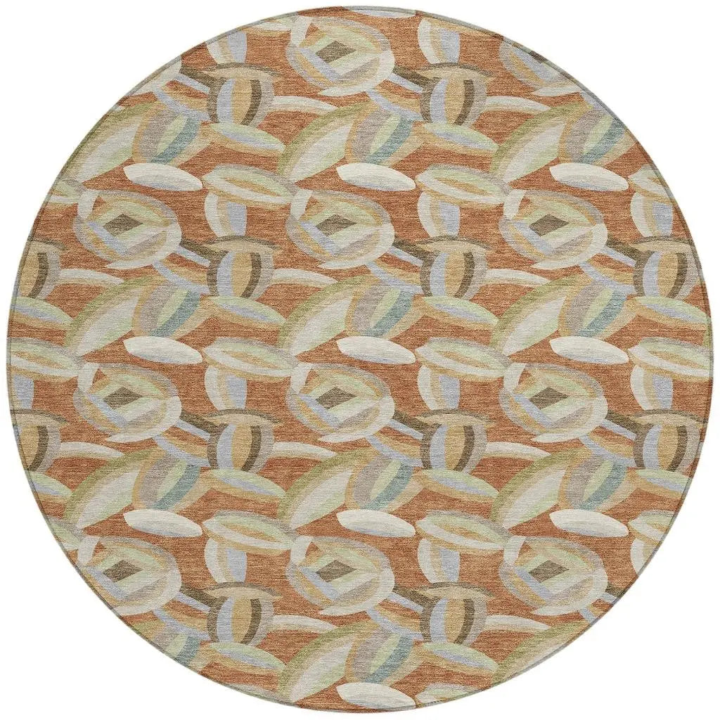 8' Orange And Brown Round Abstract Washable Indoor Outdoor Area Rug Homeroots Outdoor