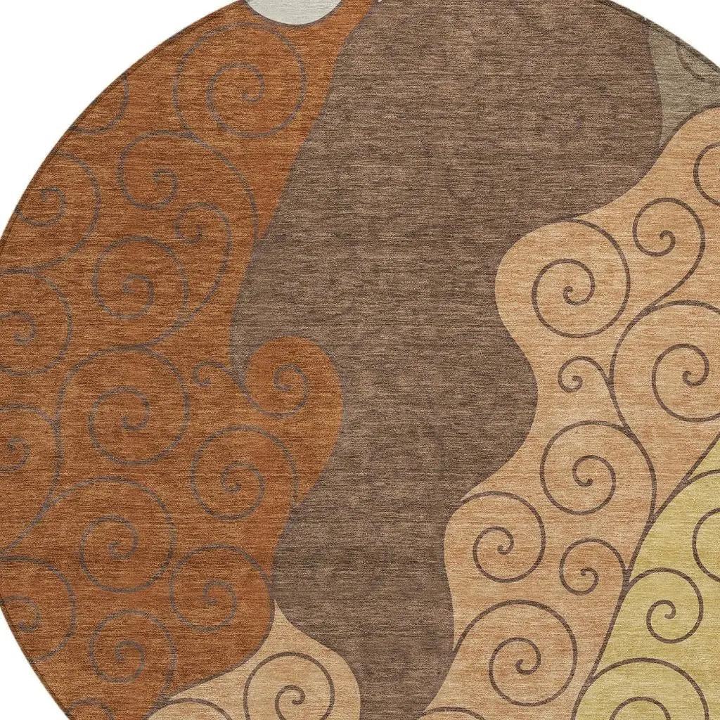 8' Orange And Brown Round Abstract Washable Indoor Outdoor Area Rug Homeroots Outdoor