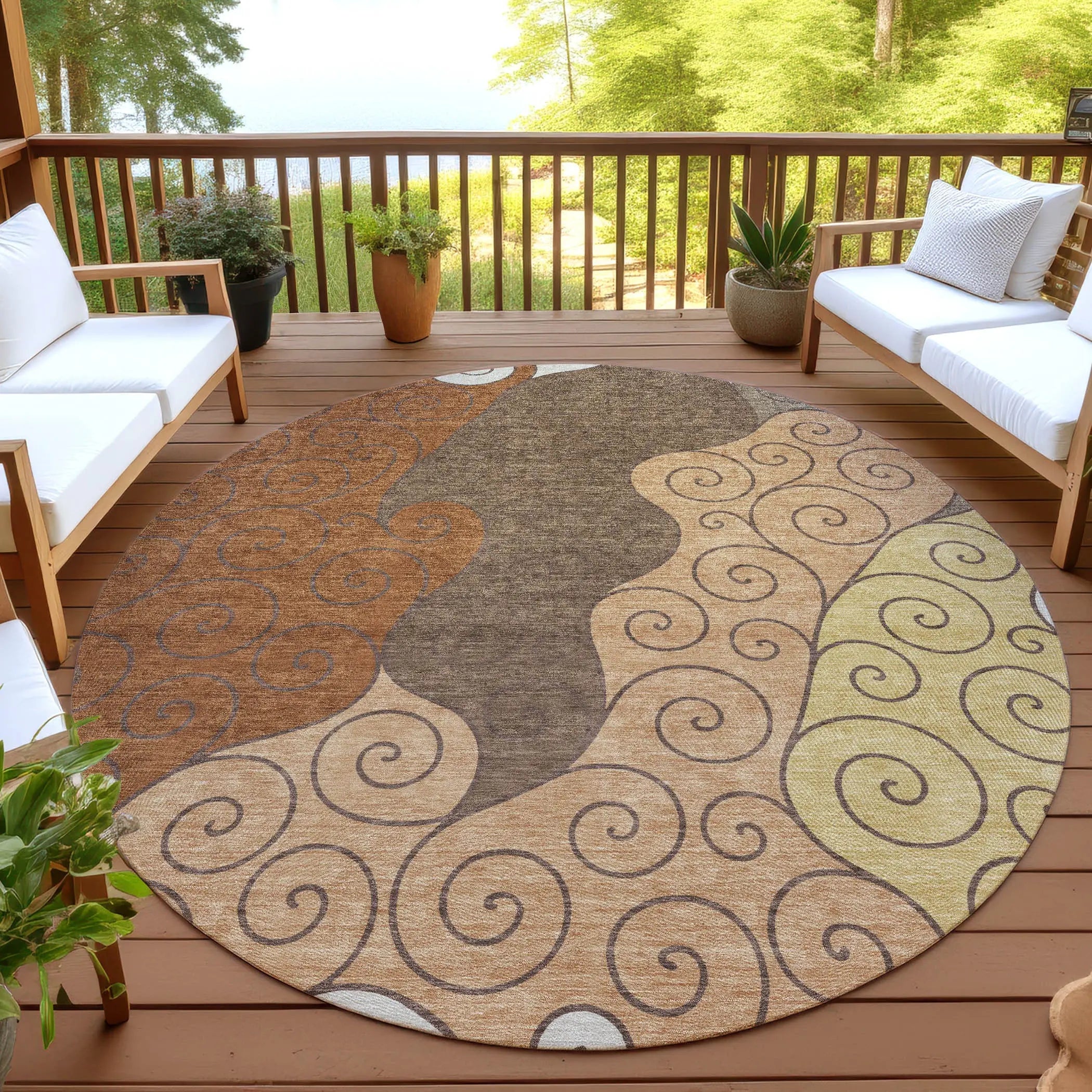 8' Orange And Brown Round Abstract Washable Indoor Outdoor Area Rug Homeroots Outdoor