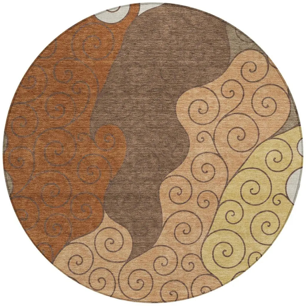 8' Orange And Brown Round Abstract Washable Indoor Outdoor Area Rug Homeroots Outdoor