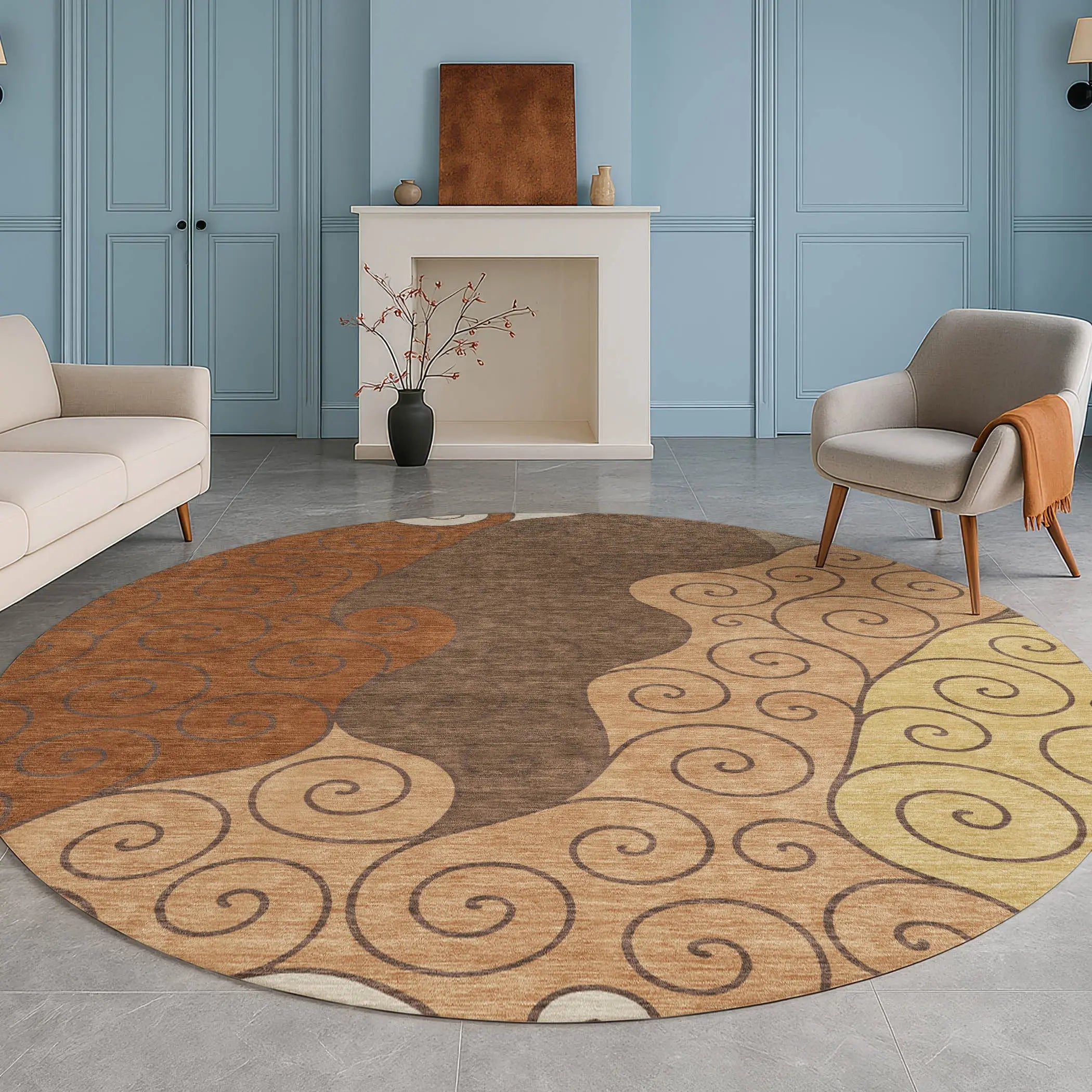 8' Orange And Brown Round Abstract Washable Indoor Outdoor Area Rug Homeroots Outdoor