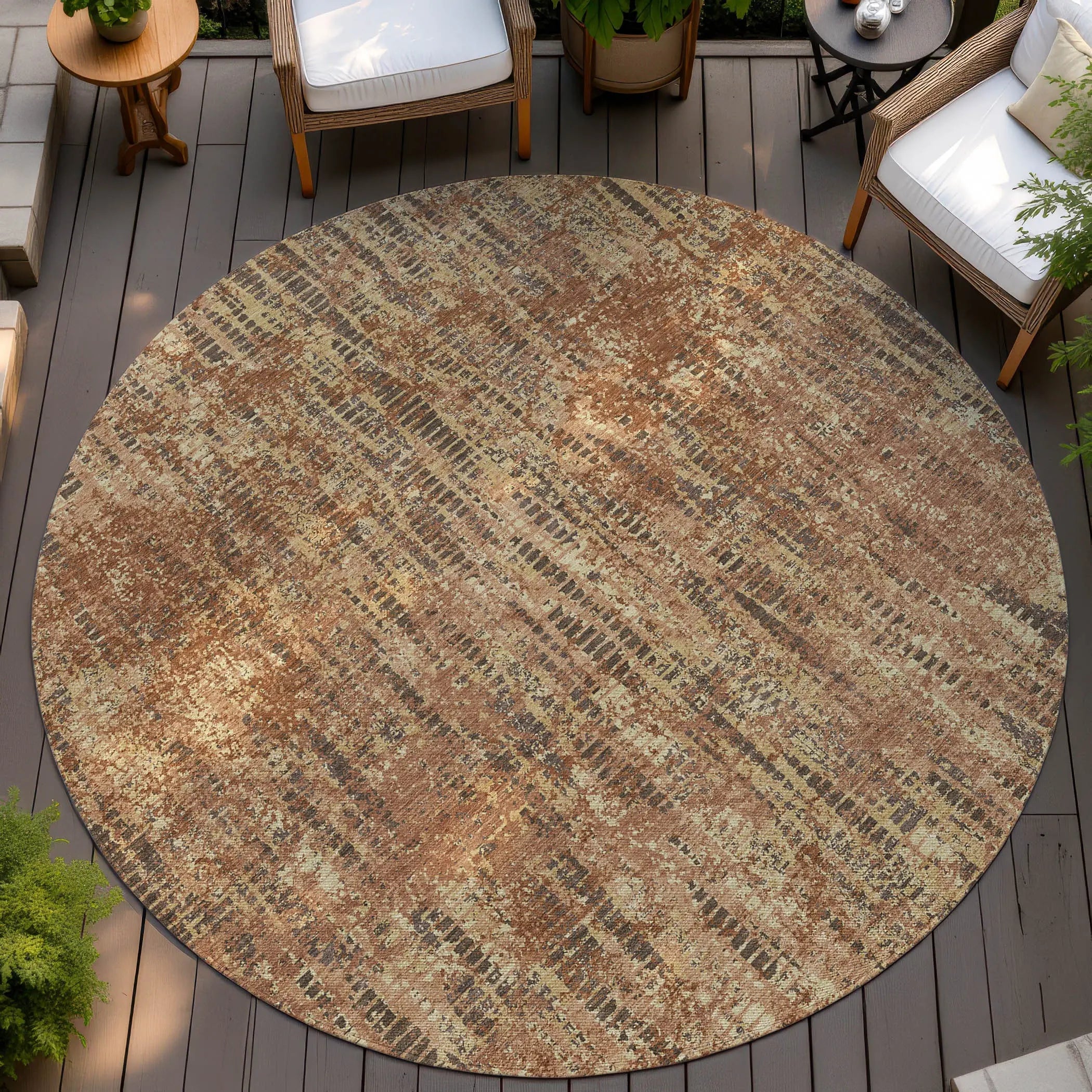 8' Orange And Brown Round Abstract Washable Indoor Outdoor Area Rug Homeroots Outdoor