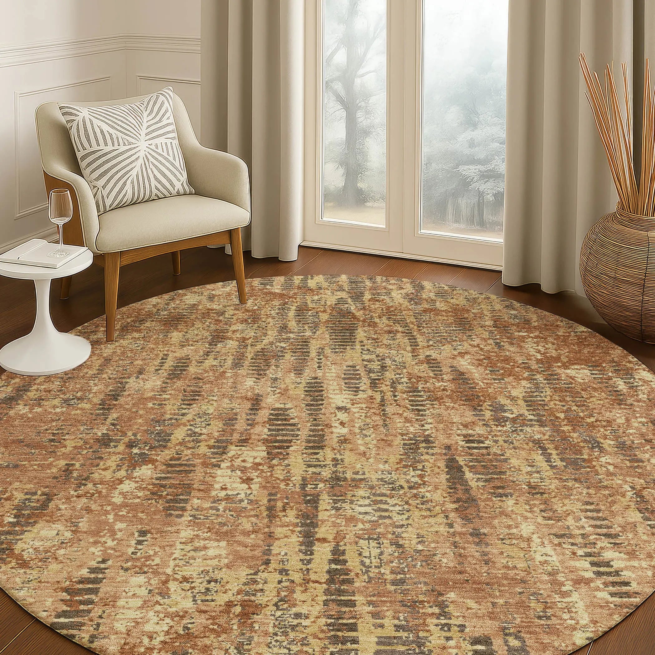 8' Orange And Brown Round Abstract Washable Indoor Outdoor Area Rug Homeroots Outdoor