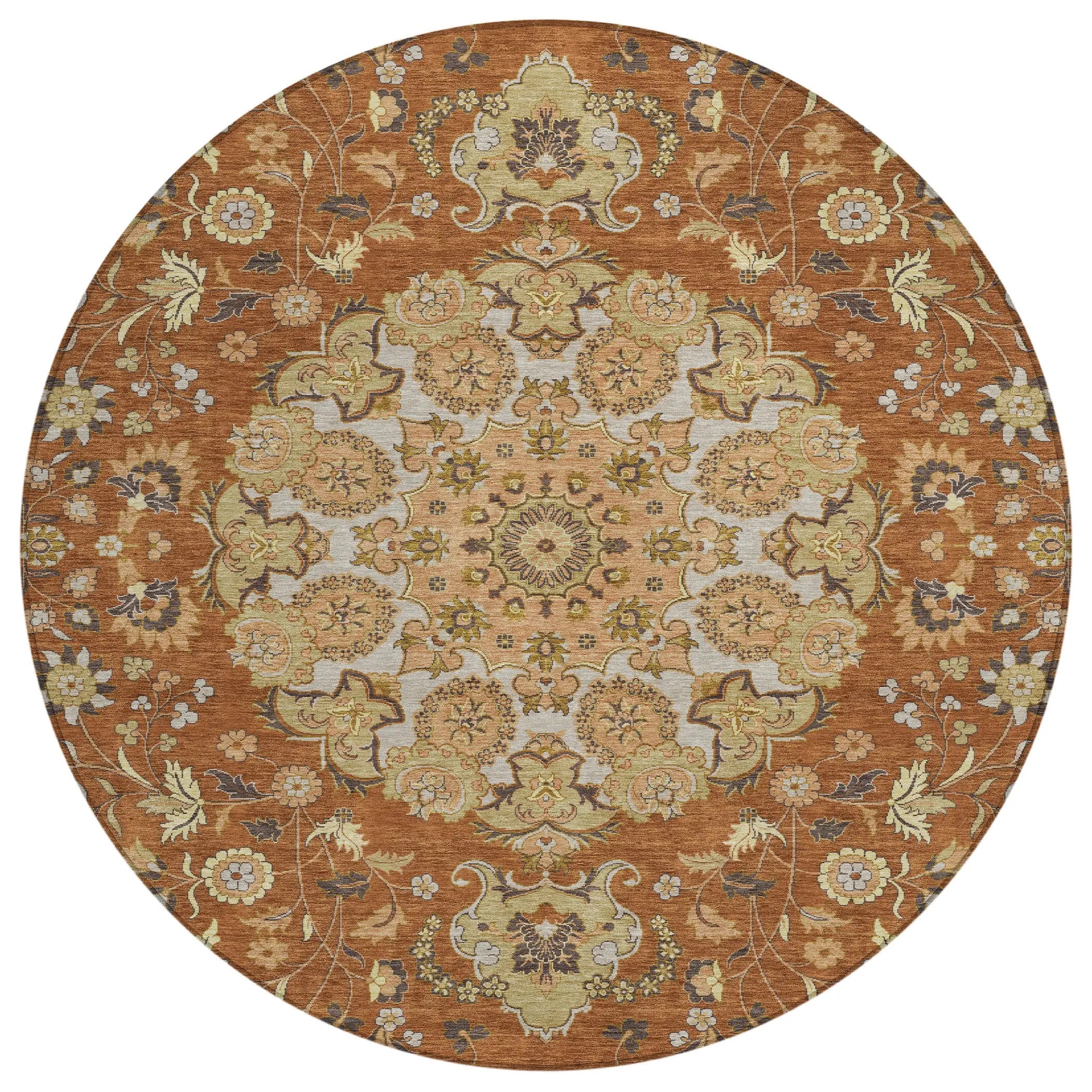 8' Orange And Brown Round Damask Washable Indoor Outdoor Area Rug Homeroots Outdoor