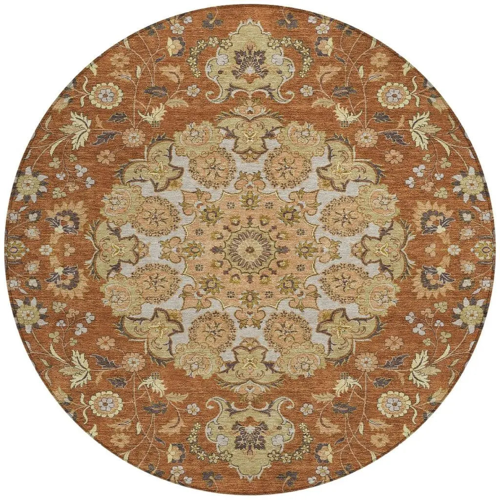 8' Orange And Brown Round Damask Washable Indoor Outdoor Area Rug Homeroots Outdoor