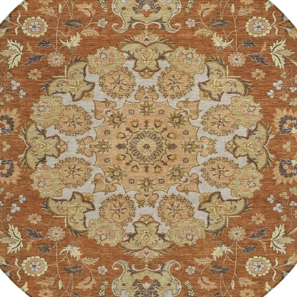 8' Orange And Brown Round Damask Washable Indoor Outdoor Area Rug Homeroots Outdoor