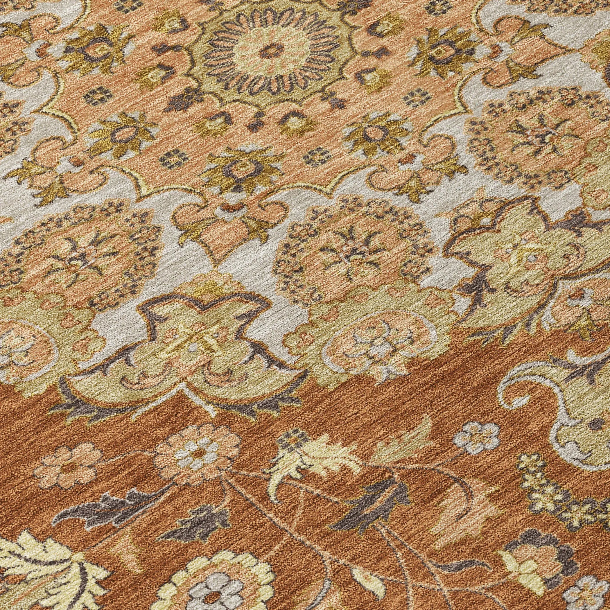 8' Orange And Brown Round Damask Washable Indoor Outdoor Area Rug Homeroots Outdoor