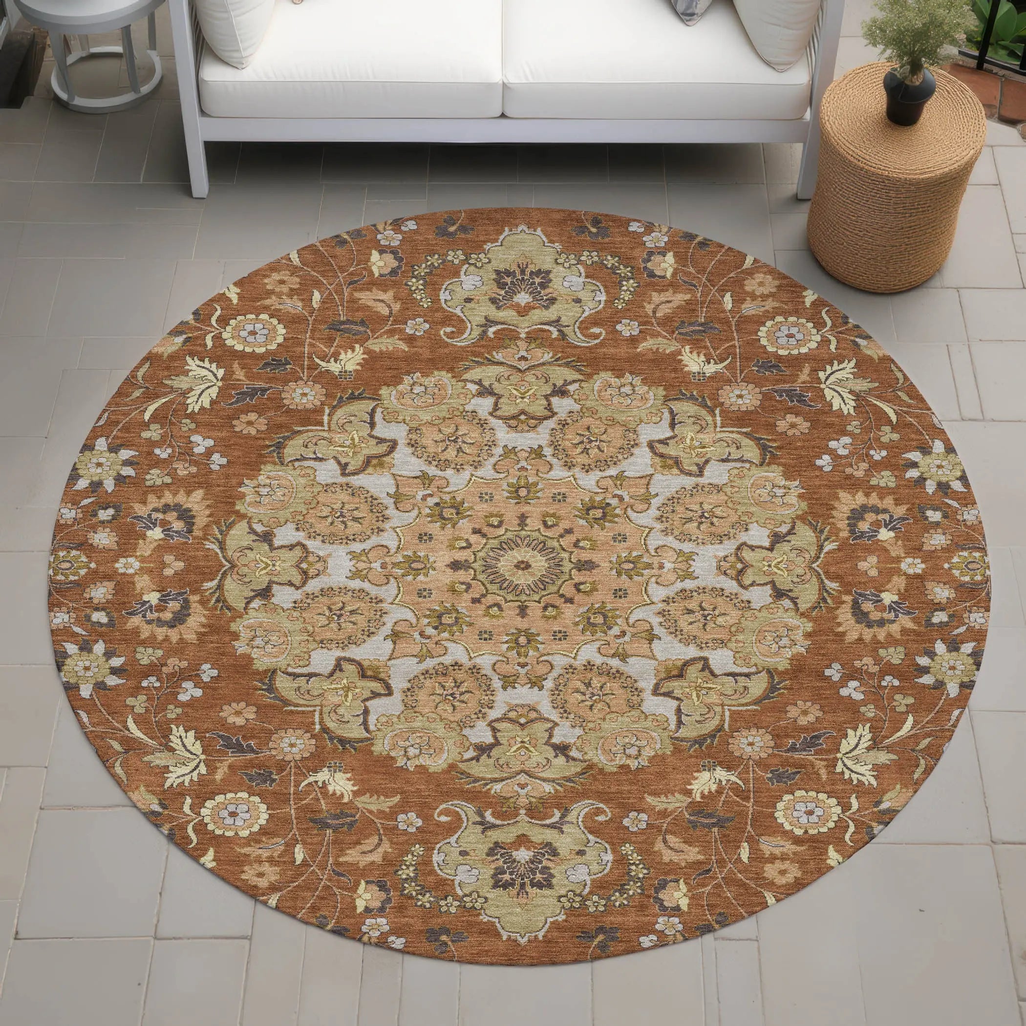 8' Orange And Brown Round Damask Washable Indoor Outdoor Area Rug Homeroots Outdoor