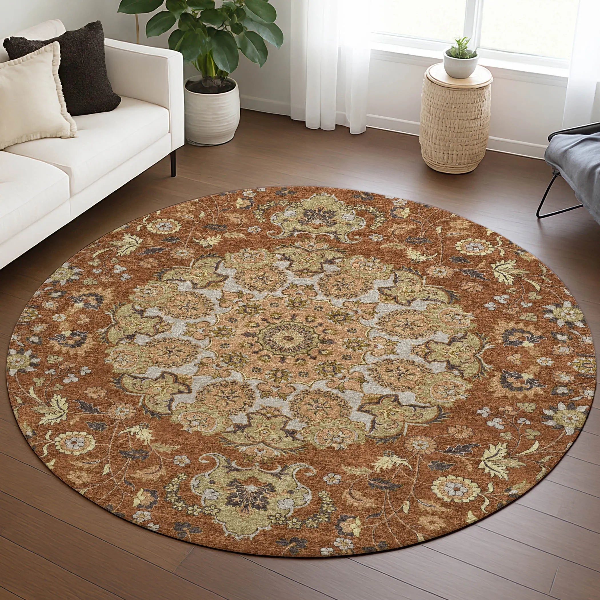 8' Orange And Brown Round Damask Washable Indoor Outdoor Area Rug Homeroots Outdoor