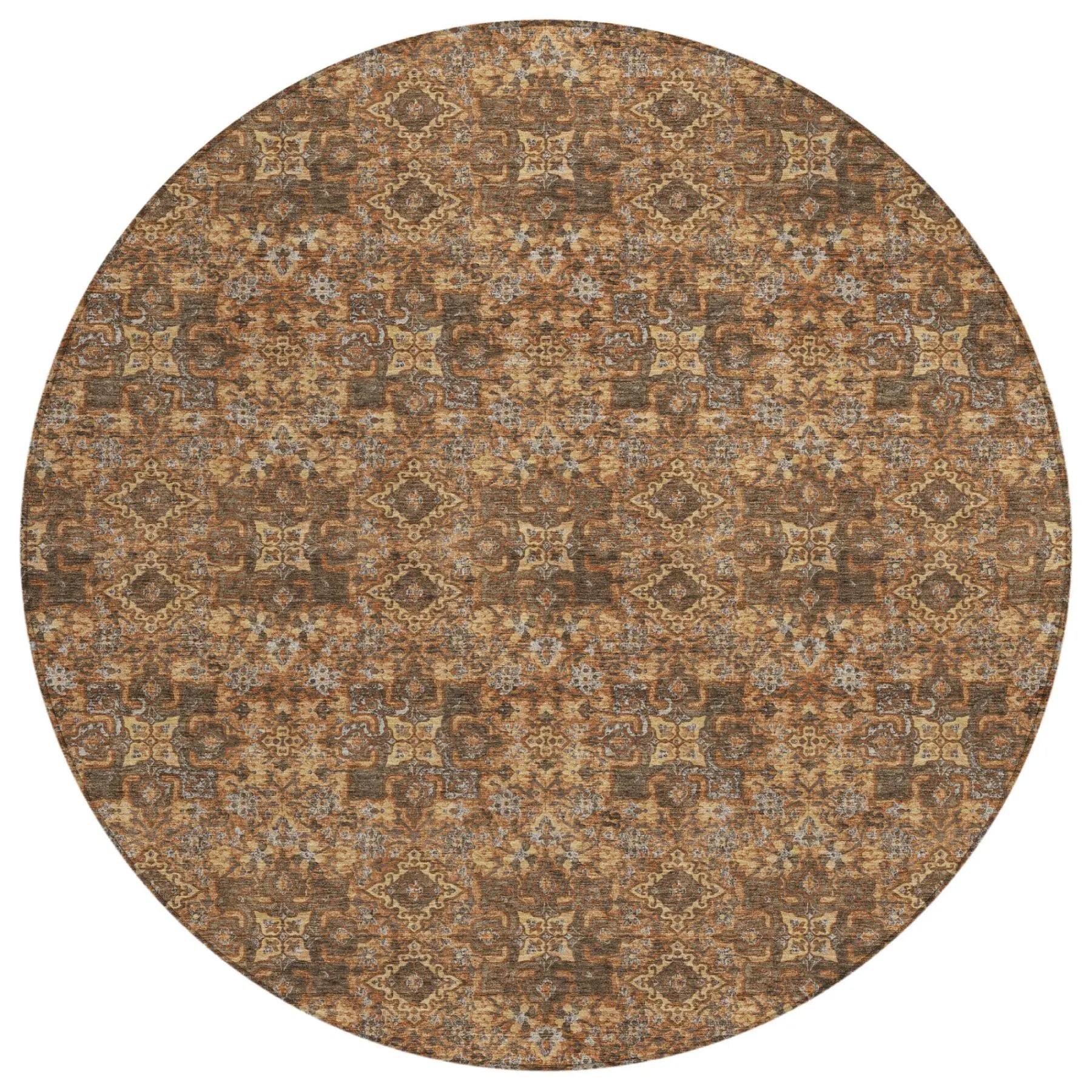 8' Orange And Brown Round Damask Washable Indoor Outdoor Area Rug Homeroots Outdoor
