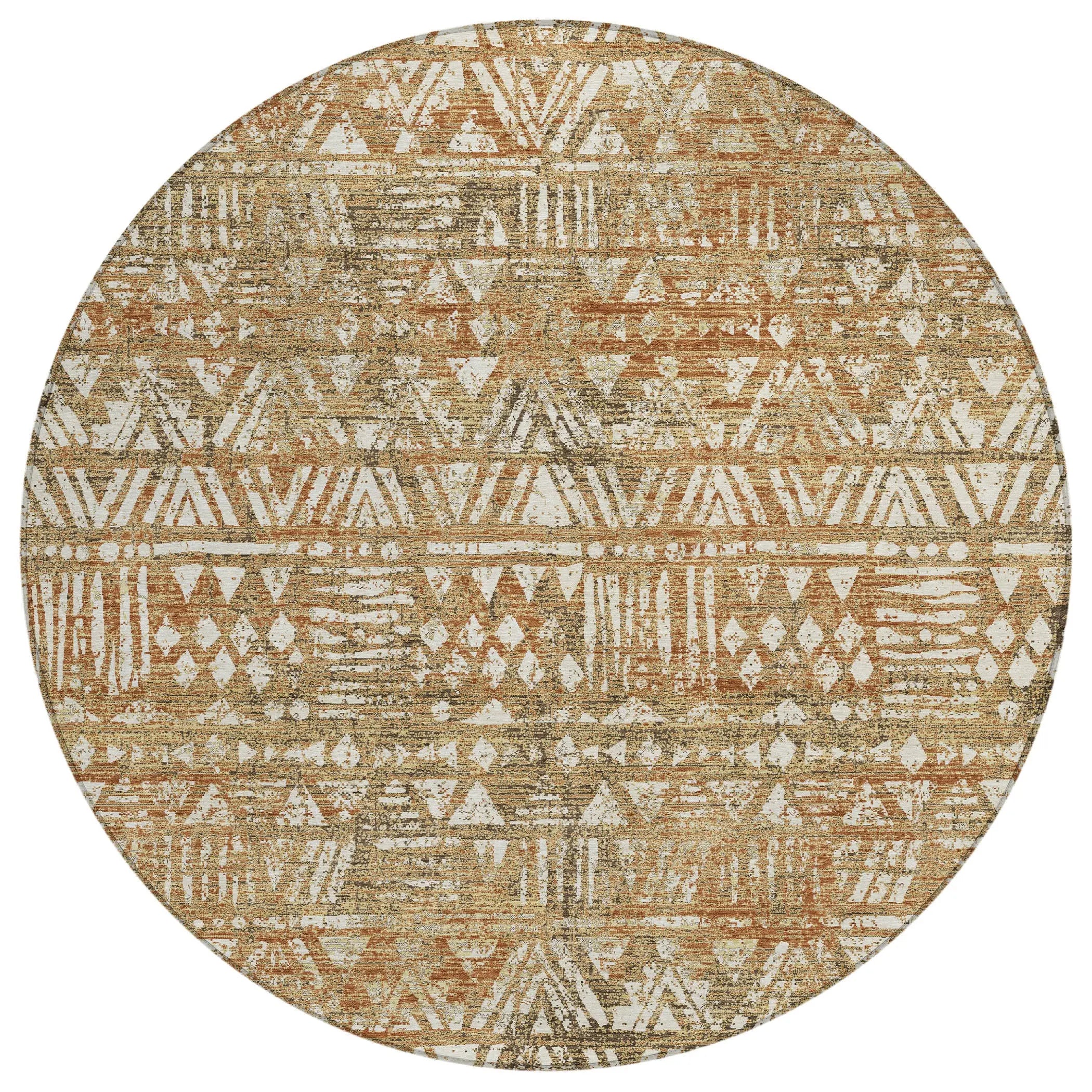 8' Orange And Brown Round Geometric Washable Indoor Outdoor Area Rug Homeroots Outdoor