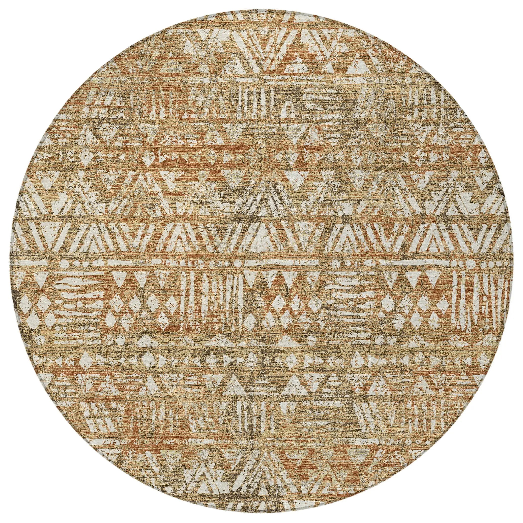 8' Orange And Brown Round Geometric Washable Indoor Outdoor Area Rug Homeroots Outdoor