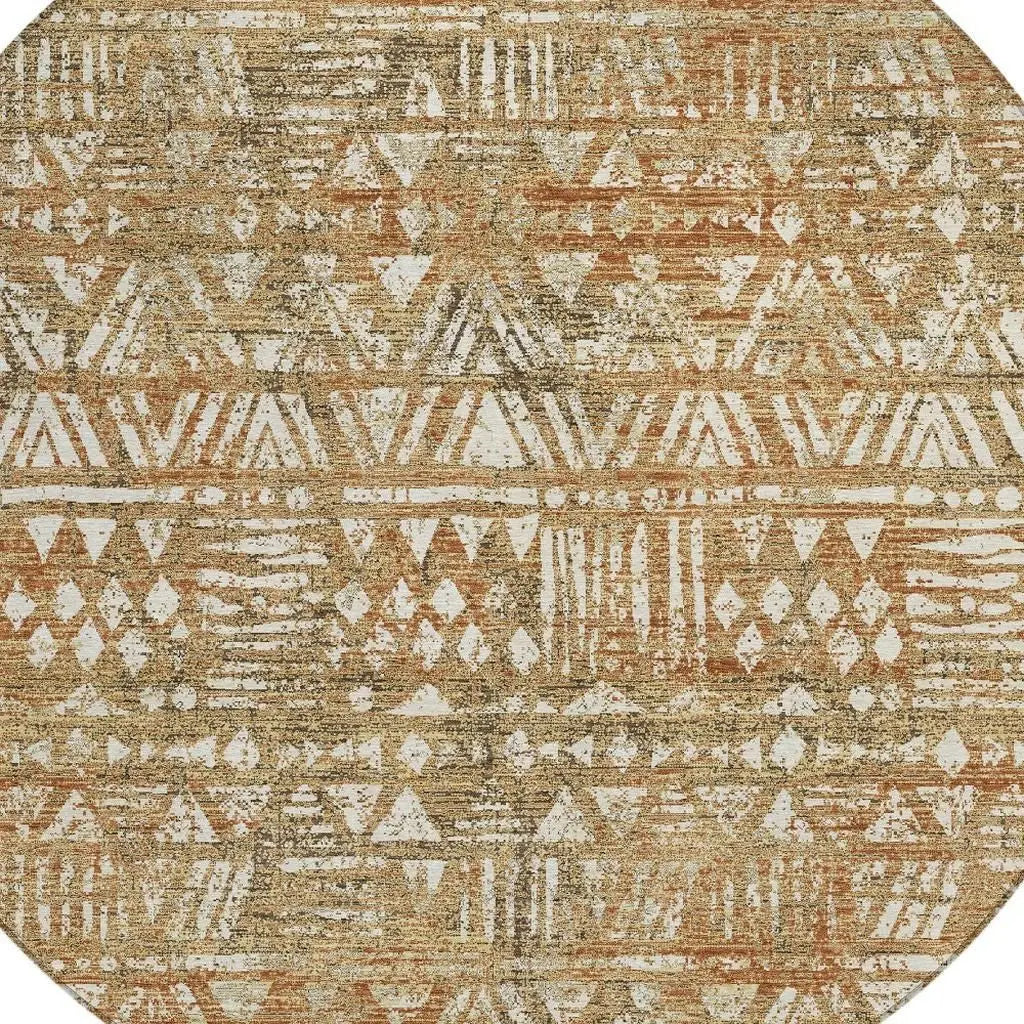 8' Orange And Brown Round Geometric Washable Indoor Outdoor Area Rug Homeroots Outdoor